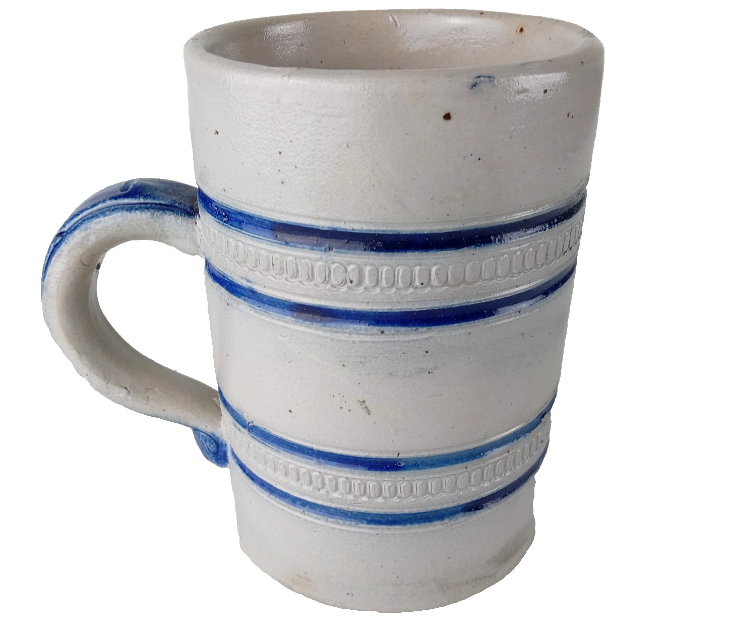 Antique German Salt Glazed Cobalt Decorated Stoneware Mug 5" Marked