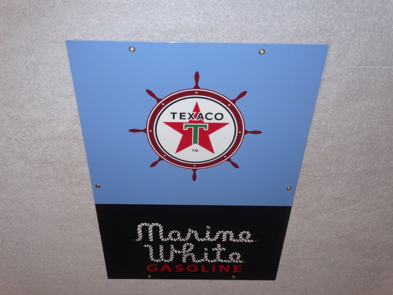 VINTAGE TEXACO MARINE WHITE GASOLINE 18" PORCELAIN METAL GAS OIL PUMP PLATE SIGN