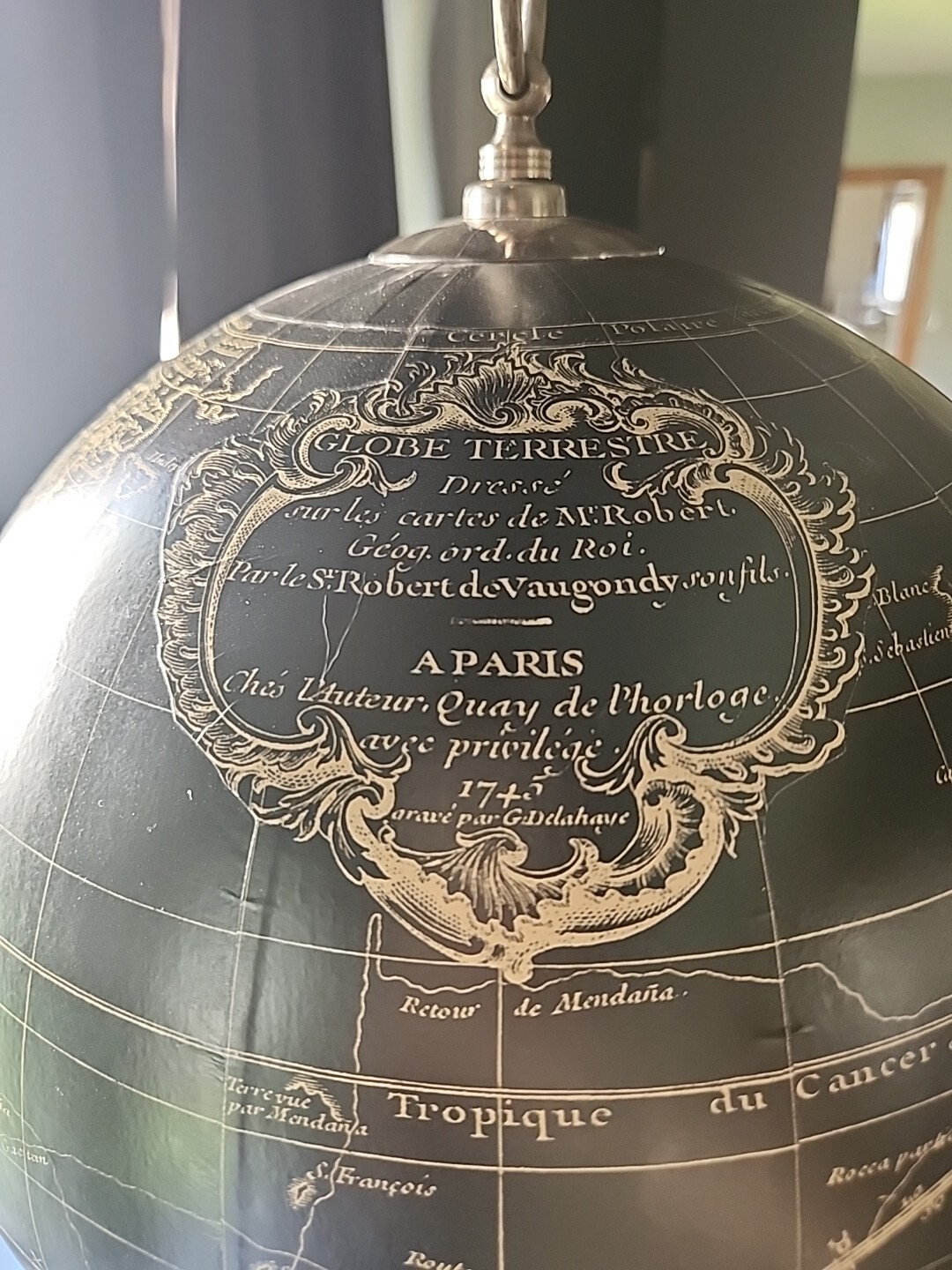 Black Vaugondy 1745 World Globe 13" Reproduction Decor Hanging Globe