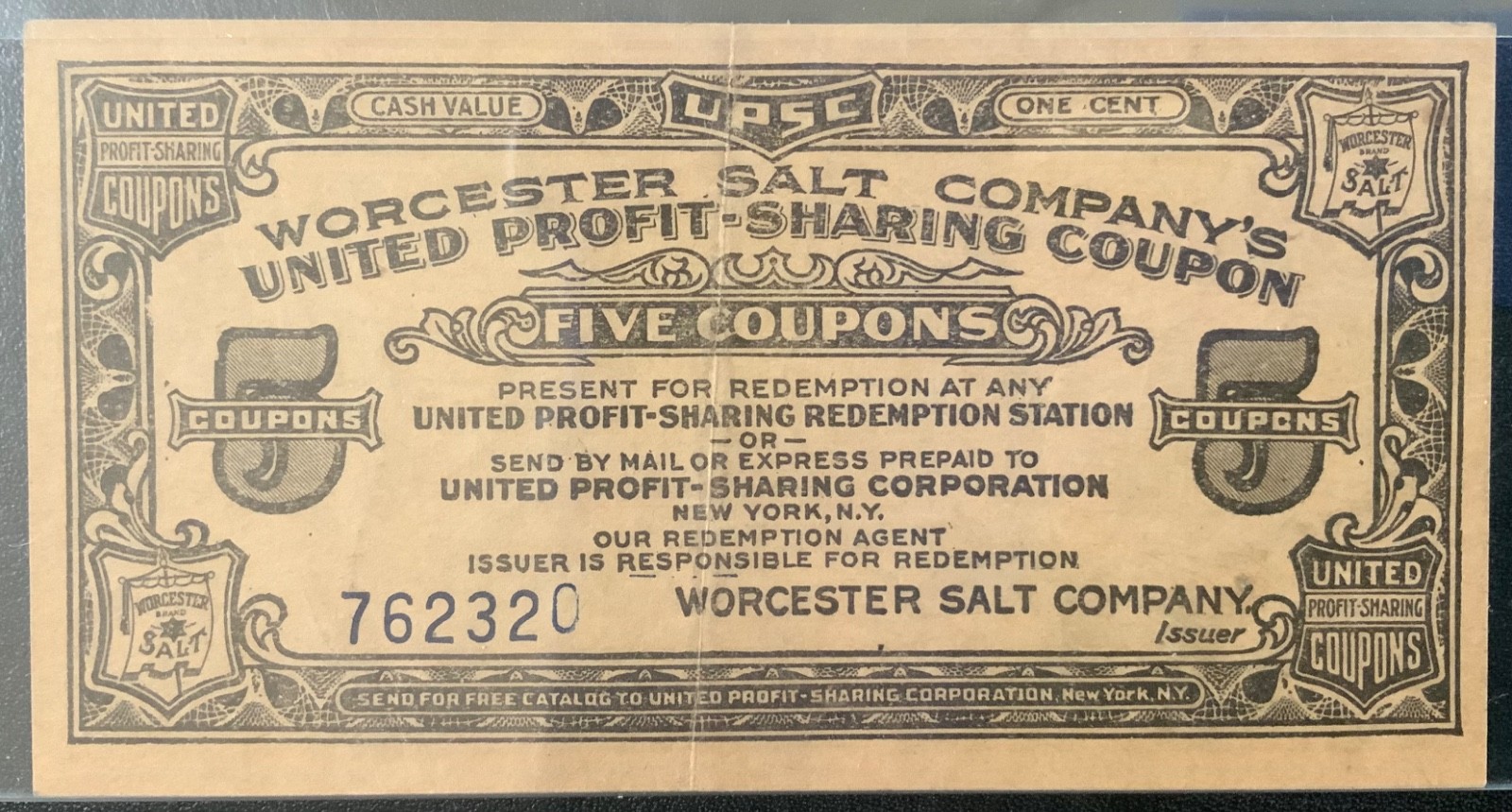 1930’s WORCESTER SALT COMPANY VINTAGE 5 COUPONS!