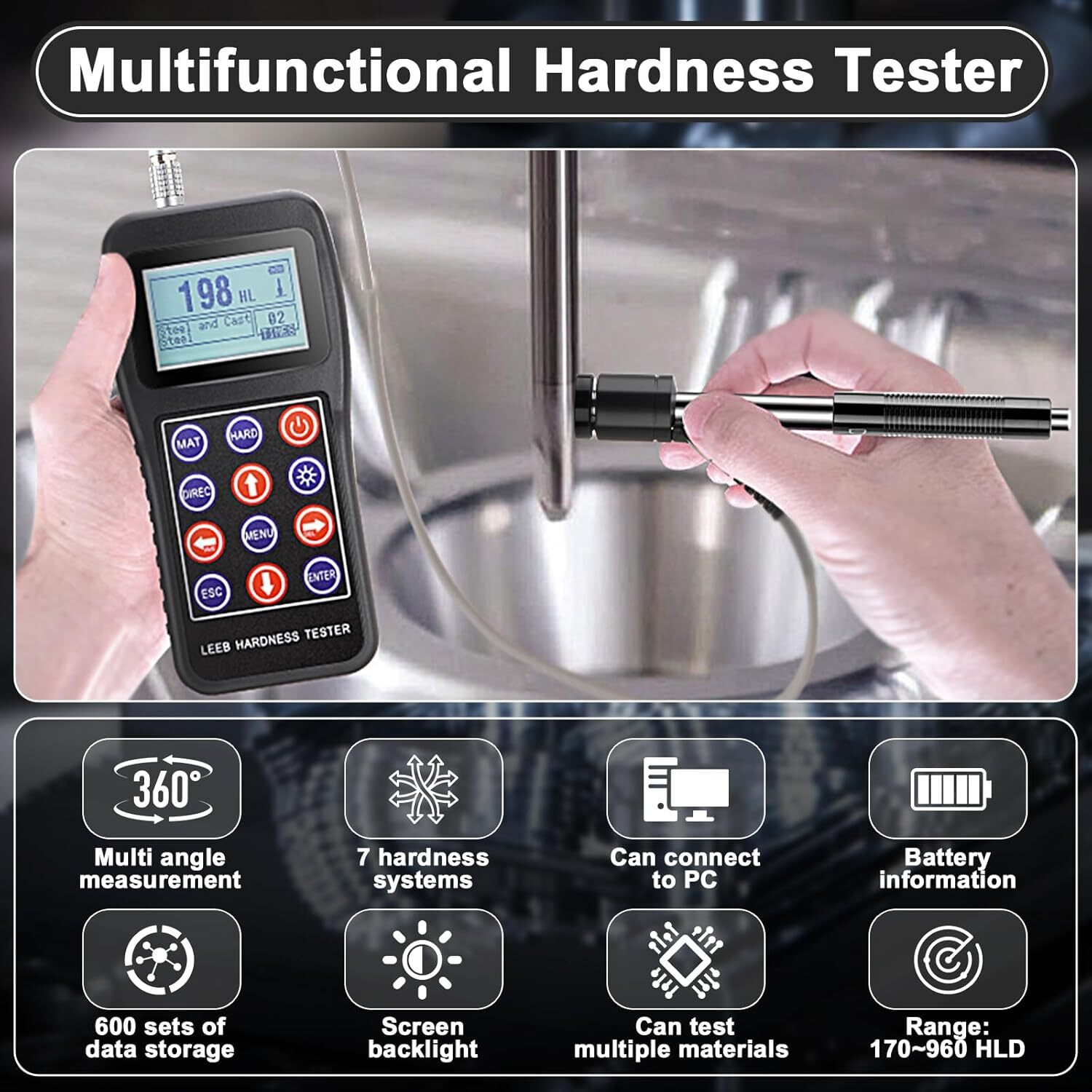 Portable Leeb Hardness Tester 7-in-1 Metal Hardness Meter with Calibration Block