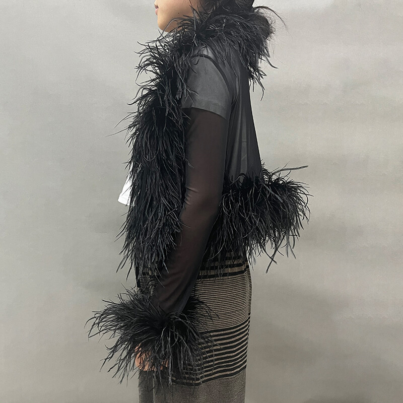 Lady Ostrich Feather Top Cardigan Mesh Sexy See Through Fluffy Feather Blouse