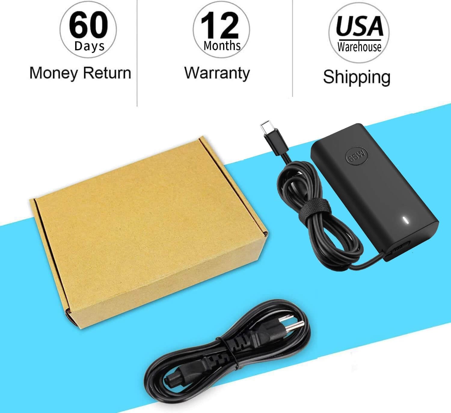 Dell 65W USB C Laptop Charger Power Adapter with 11ft Power Cord