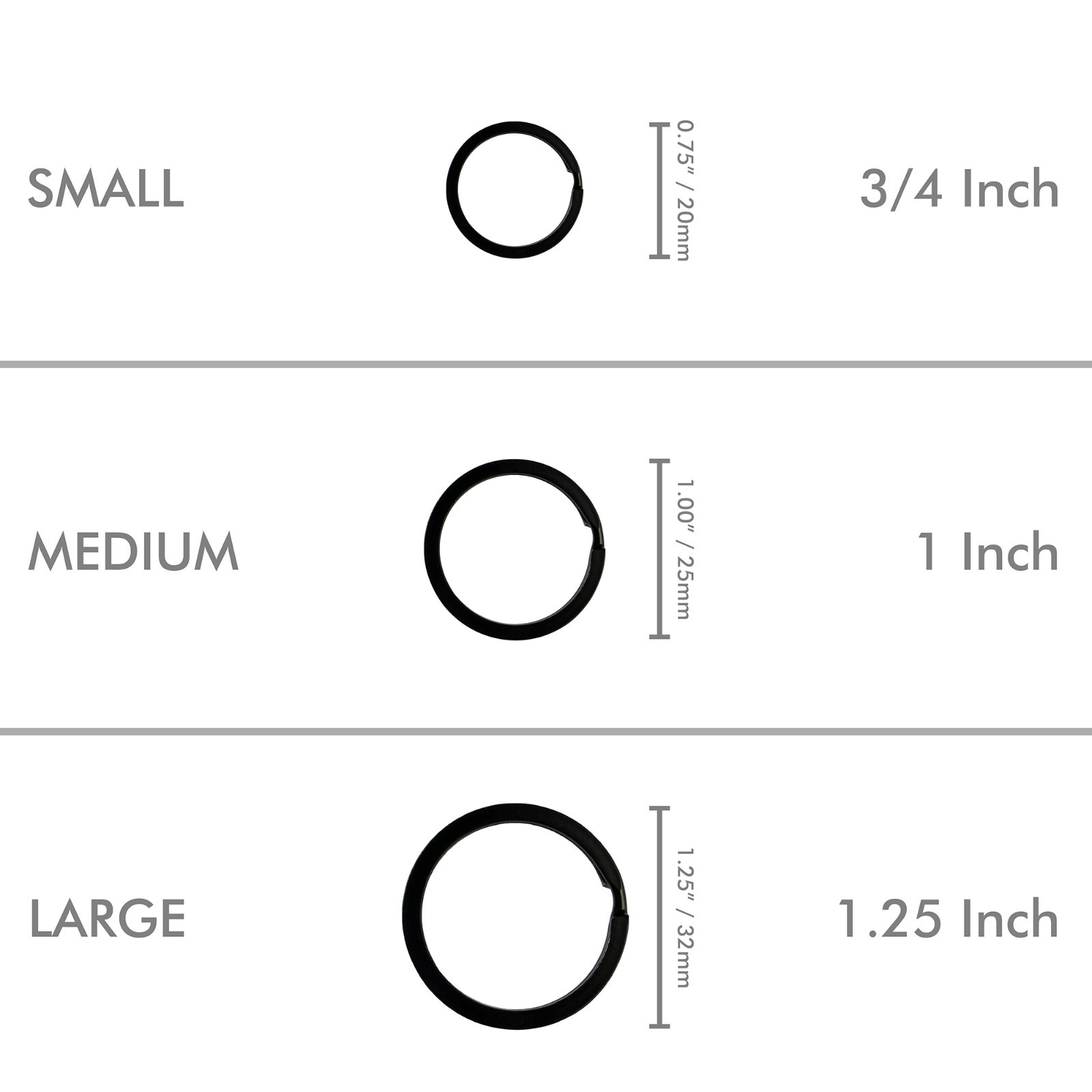 Black Flat Key Rings Key Chain Metal Split Ring (0.75", 1", 1.25") for Keys