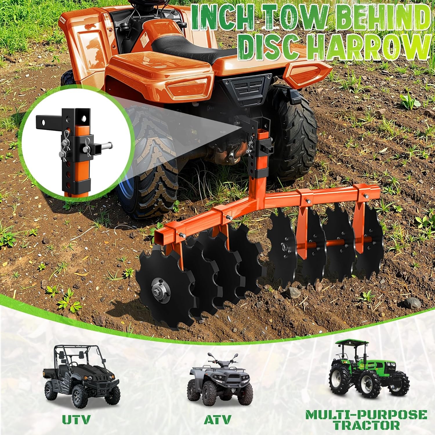 Heavy Duty ATV/UTV Disc Plow Harrow W/ 32" Cut Width & 2" Receiver Hitch Attach