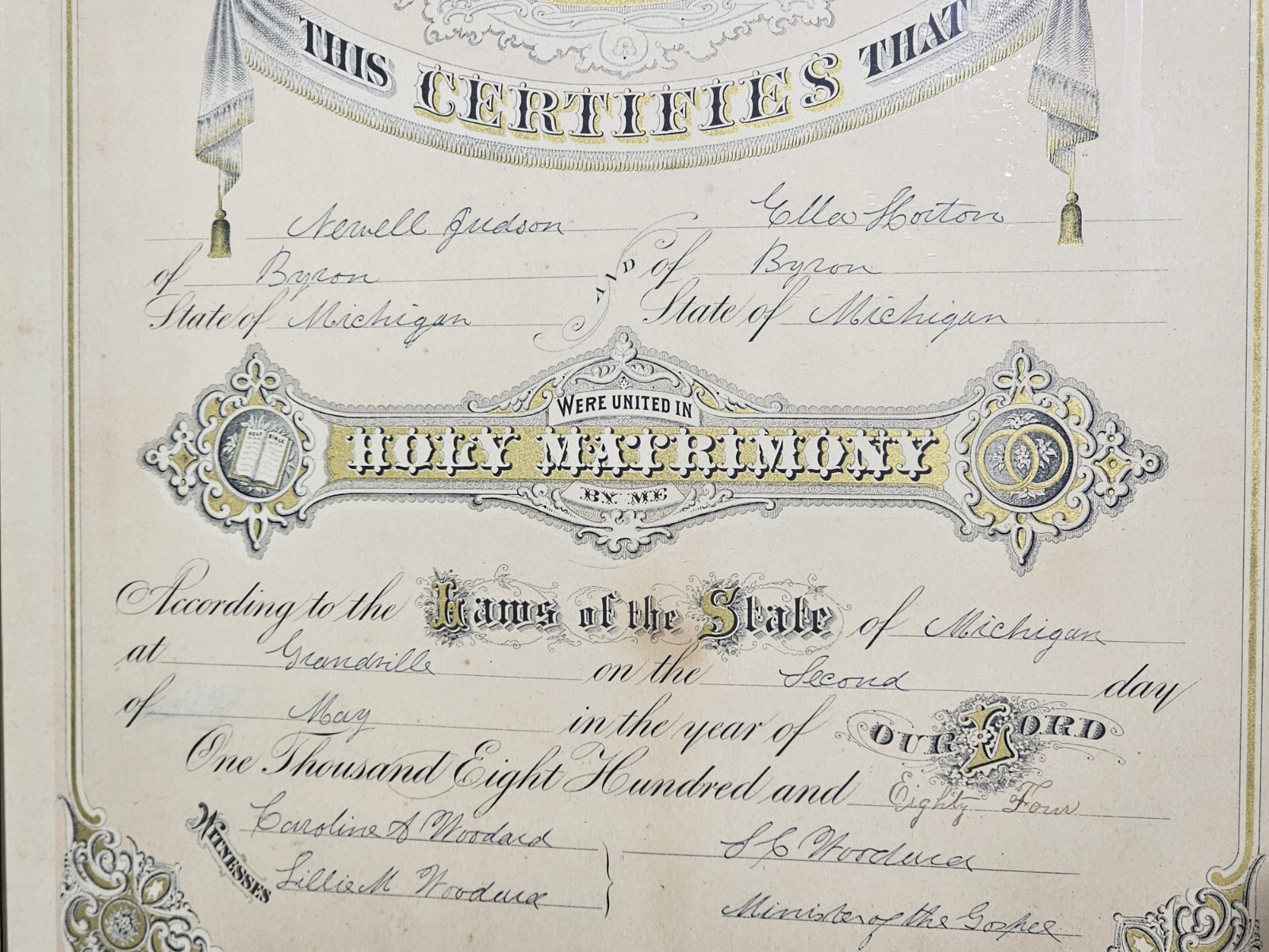 Antique C.1884 Michigan Large Size Marriage Certificate Framed. 14 X 19 Opening