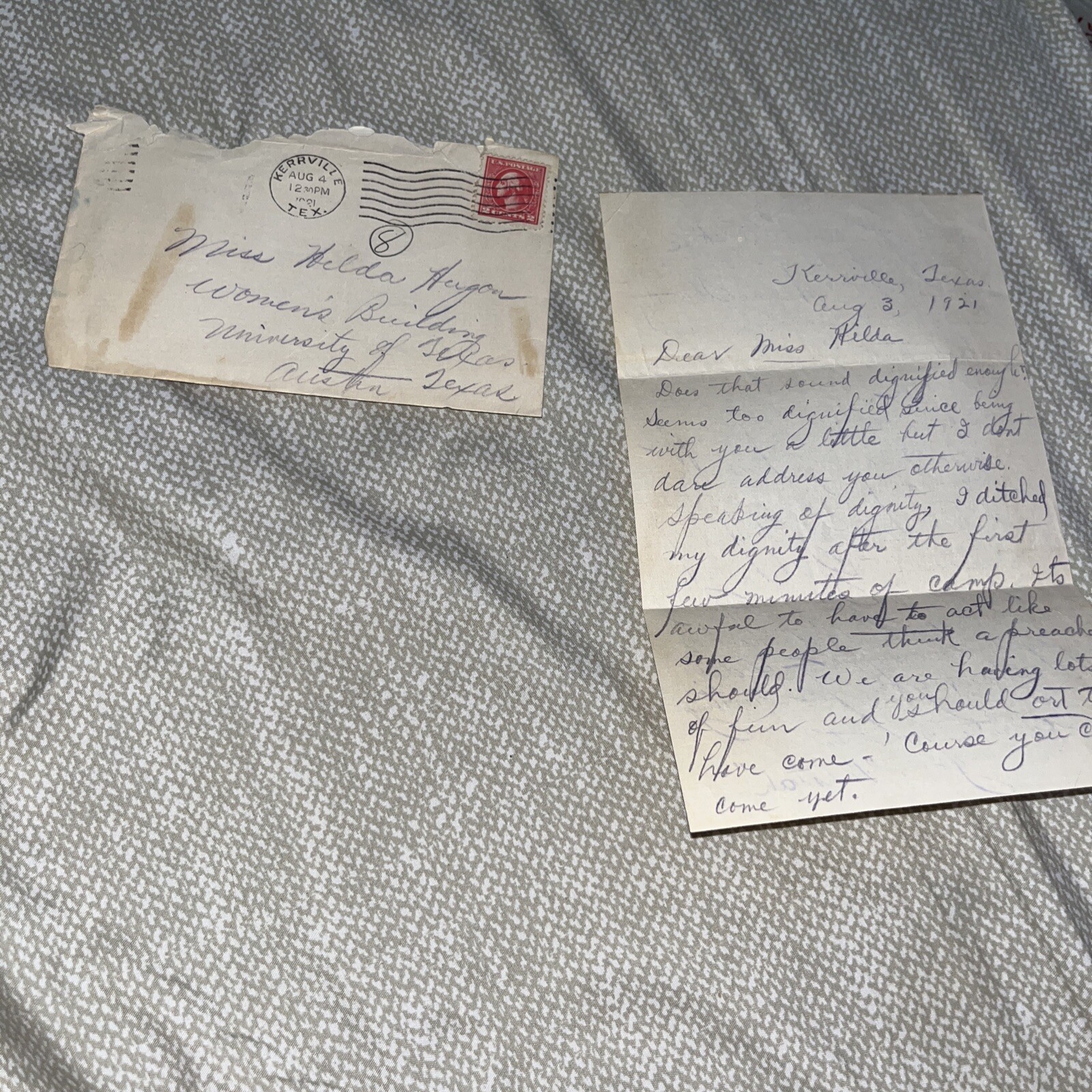 Antique 1921 Letter from Kerrville TX to Women’s Building at University Of Texas