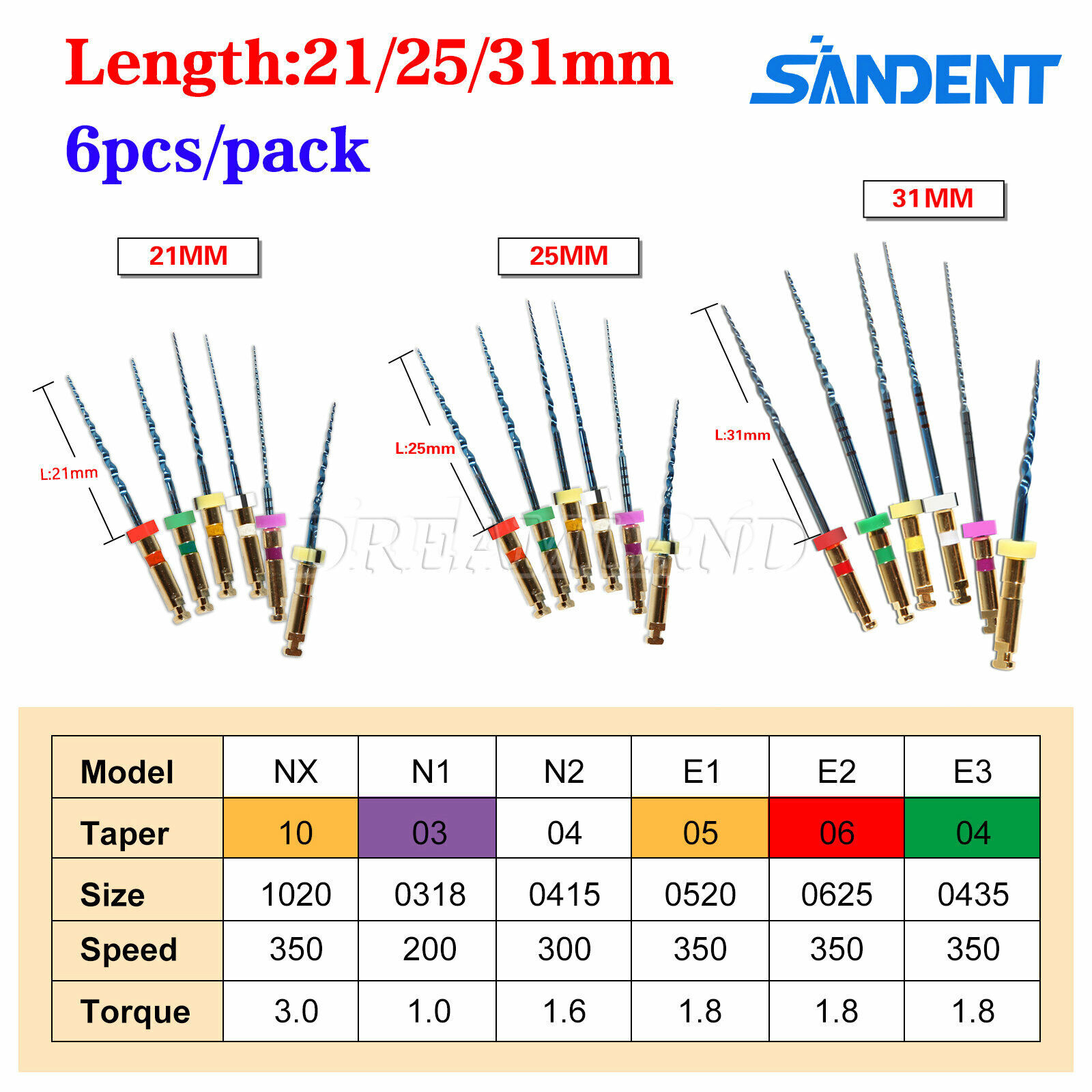 6Pcs SANDENT Dental Endo Files Root Canal Endodontic NITI Rotary File 21/25/31MM