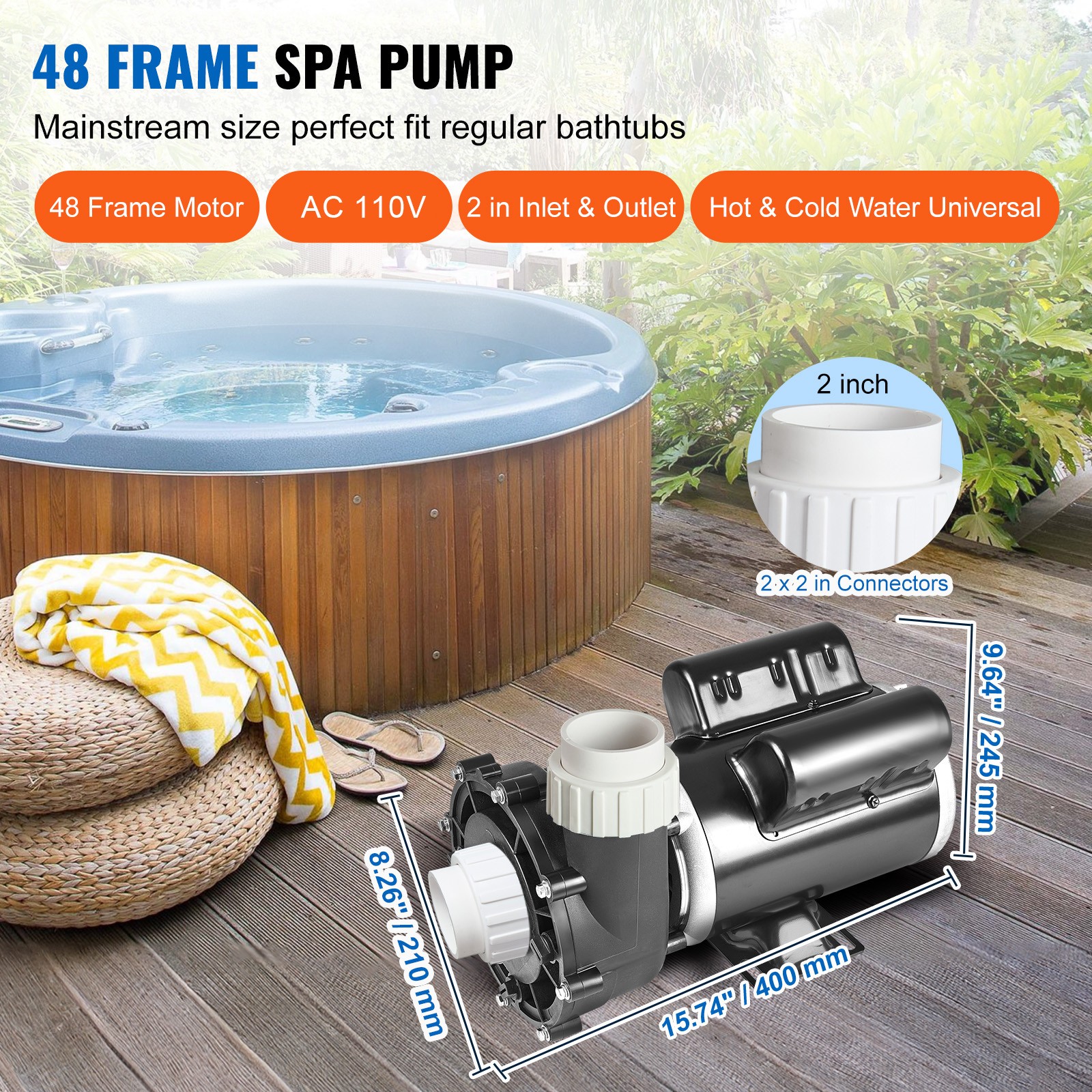 VEVOR 2 Speed SPA Pump 48-Frame Hot Tub Pump 1.5 HP/150 GPM or 0.46 HP/70 GPM
