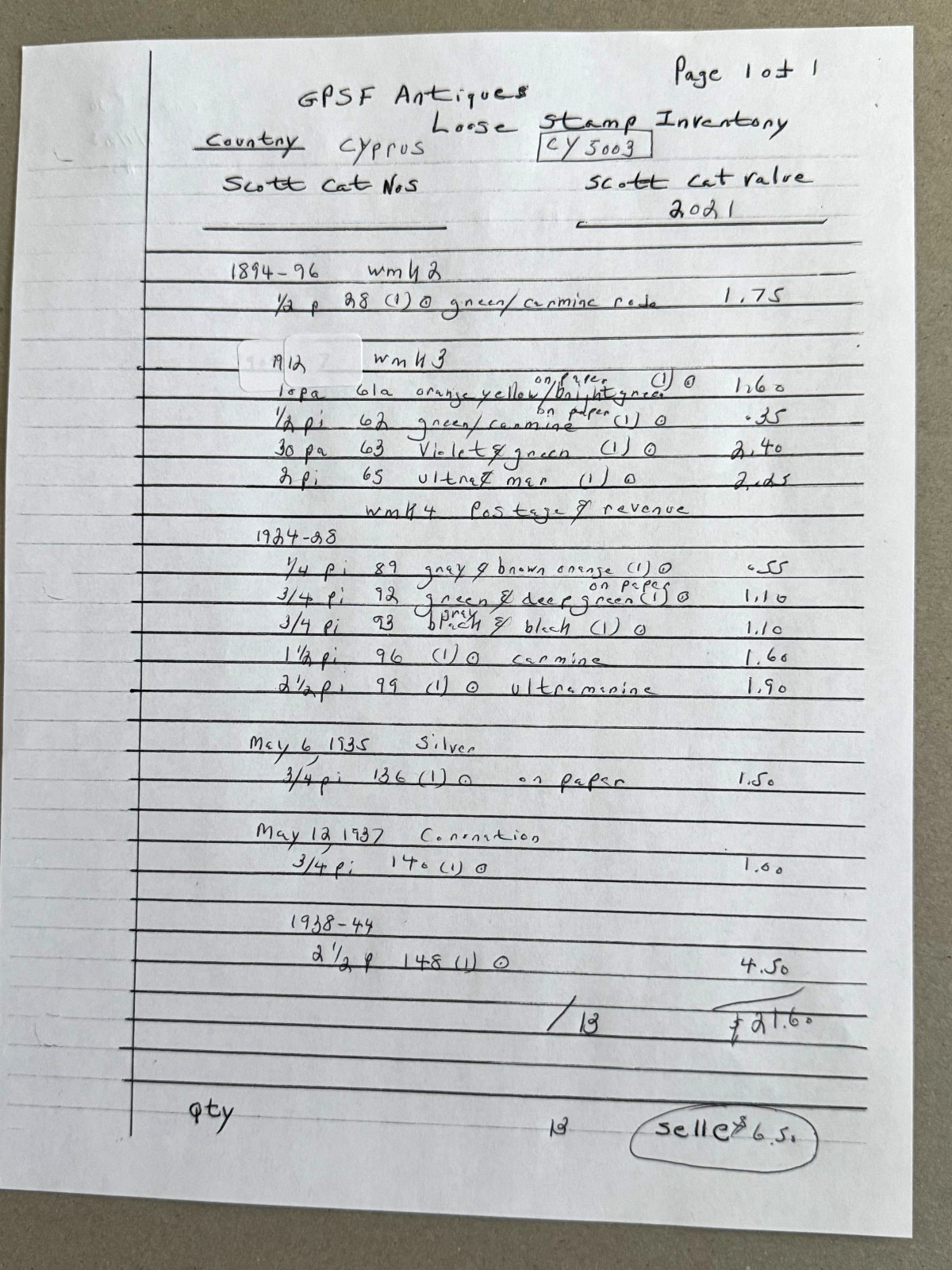 Cyprus group of 13 stamps loose Scott Cat 28/148 1894-1938