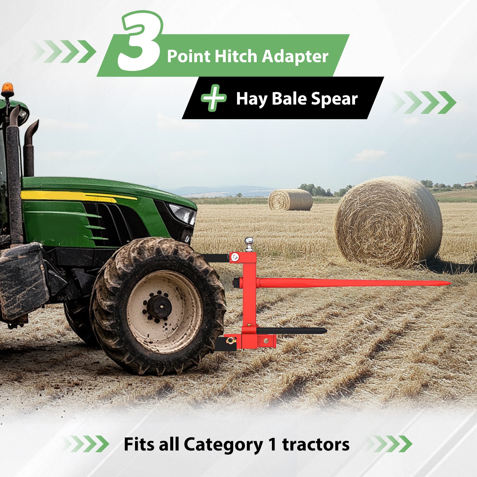 3 Point 3000 LB Hay Bale Spear Receiver Hitch Cat 1 Tractor W/Gooseneck Ball