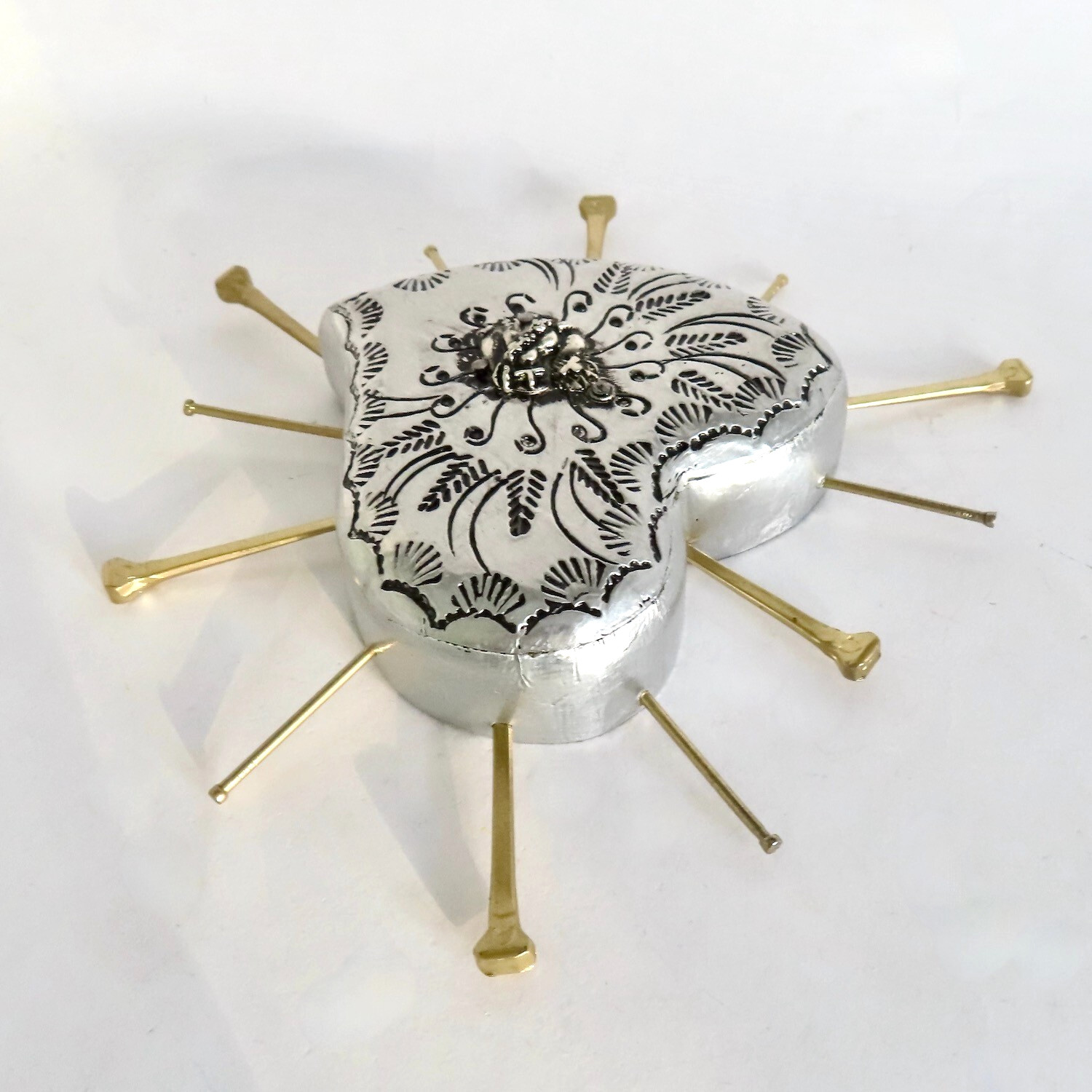 Milagros Sacred Heart Nails Wood Silver Embossed Handmade Mexican Folk Art 6H