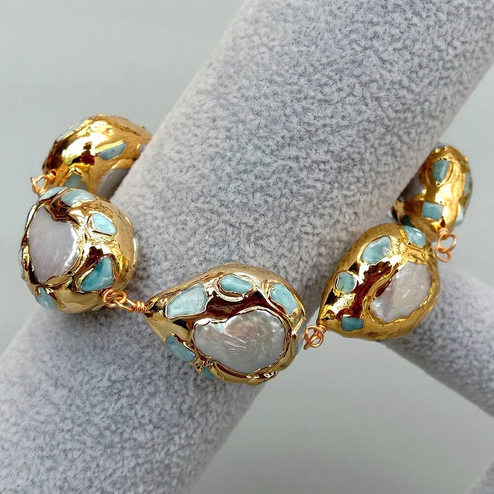 9" Freshwater White Pearl Teardrop Shape Blue larimar Gold Plated Bracelat