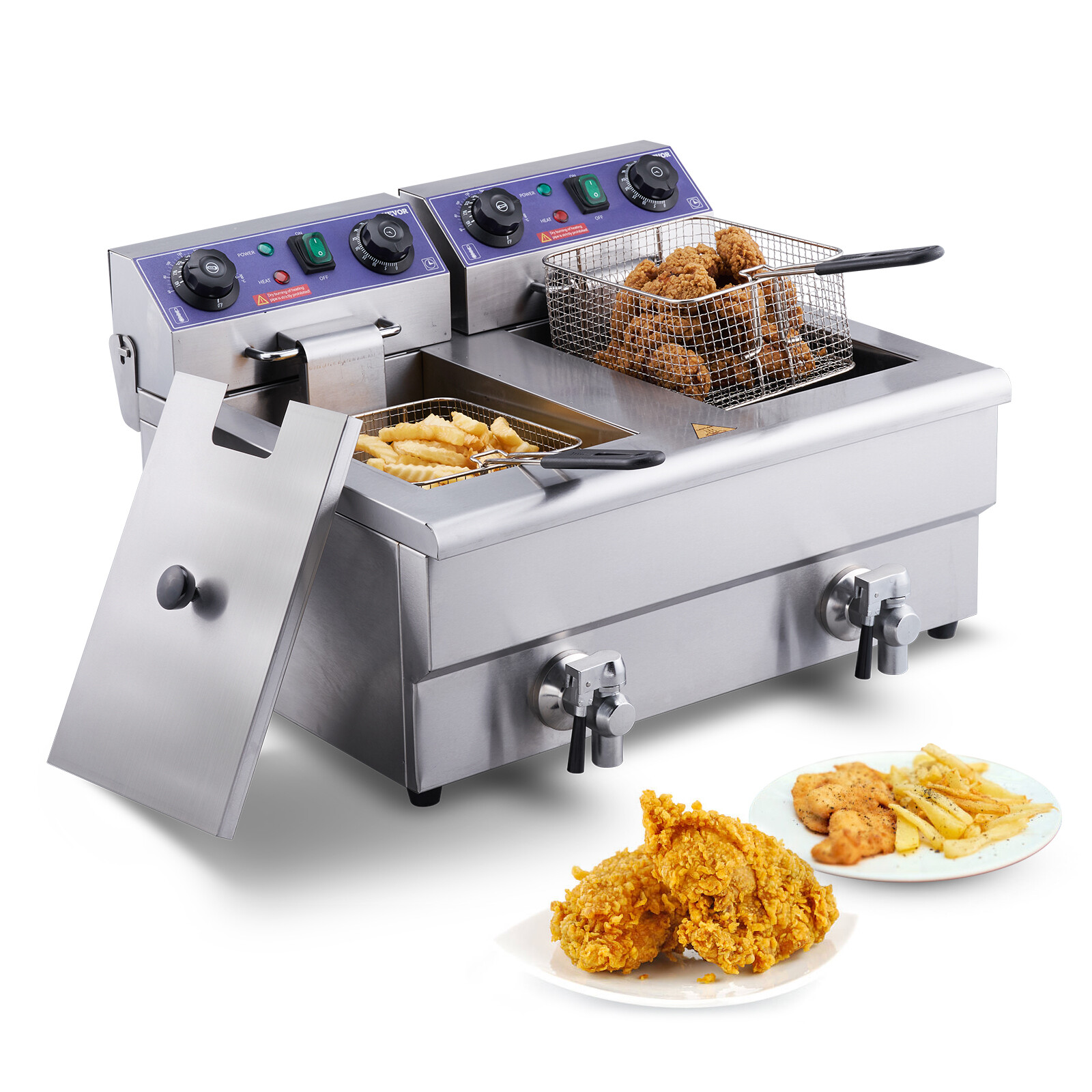 22L Commercial Electric Deep Fryer Countertop Deep Fryer w/ Dual Tanks 3000W