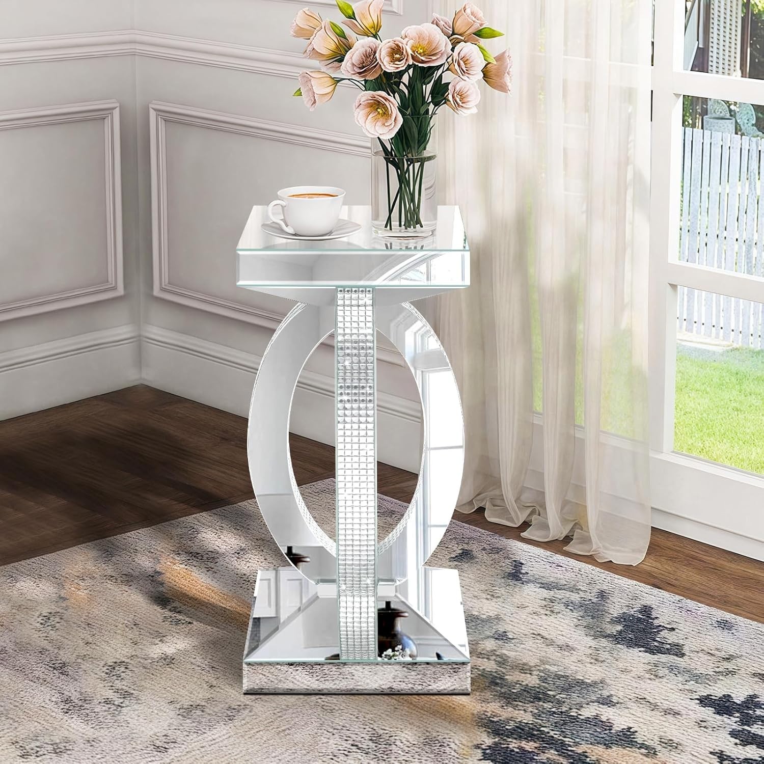 12"x12"x24"Silver Mirrored End Table with Crystal Inlay,Modern Side Accent Table