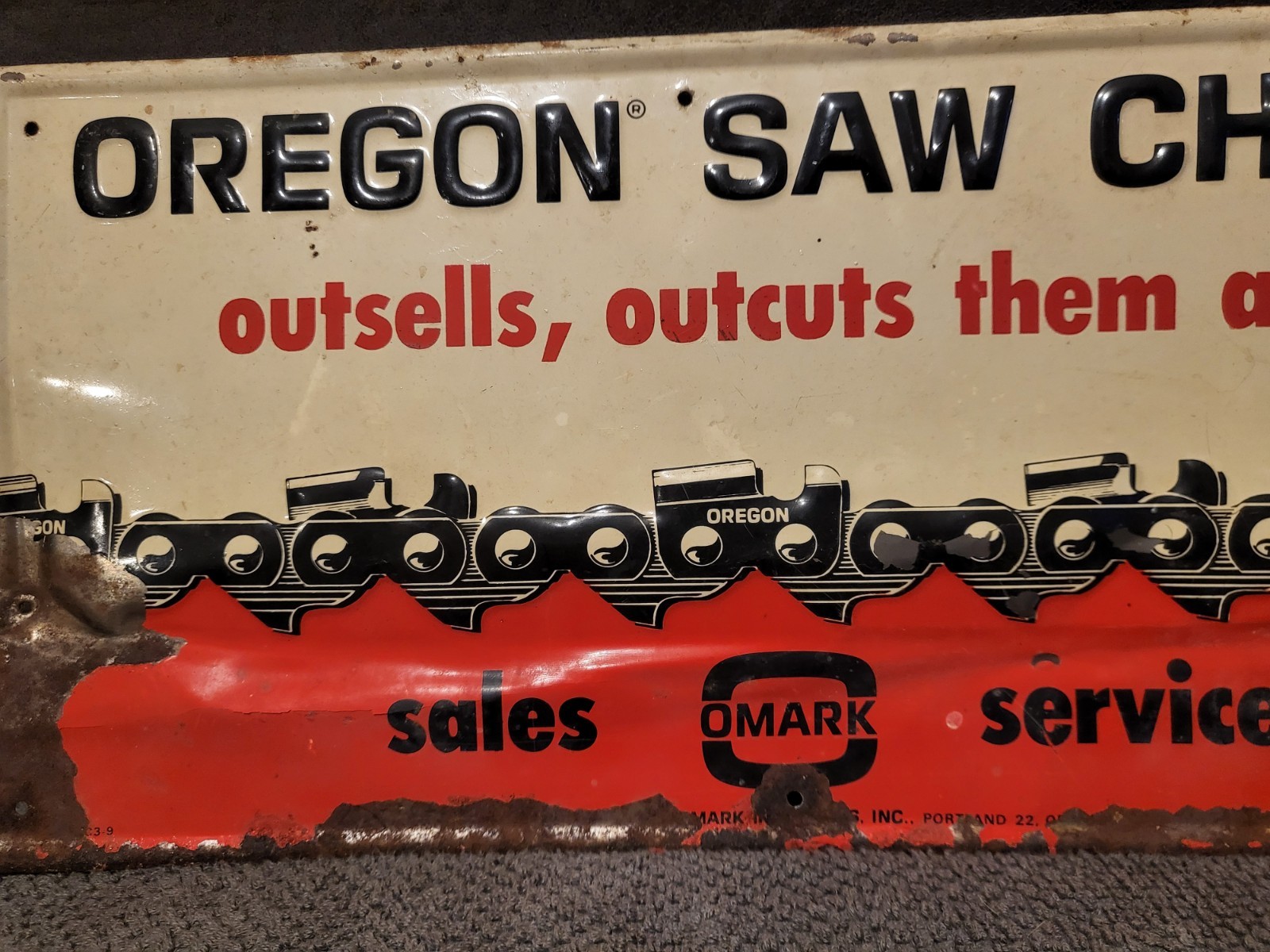 Oregon Chainsaw Advertising Sign, EARLY HEAVY METAL NOT TIN TACKER..