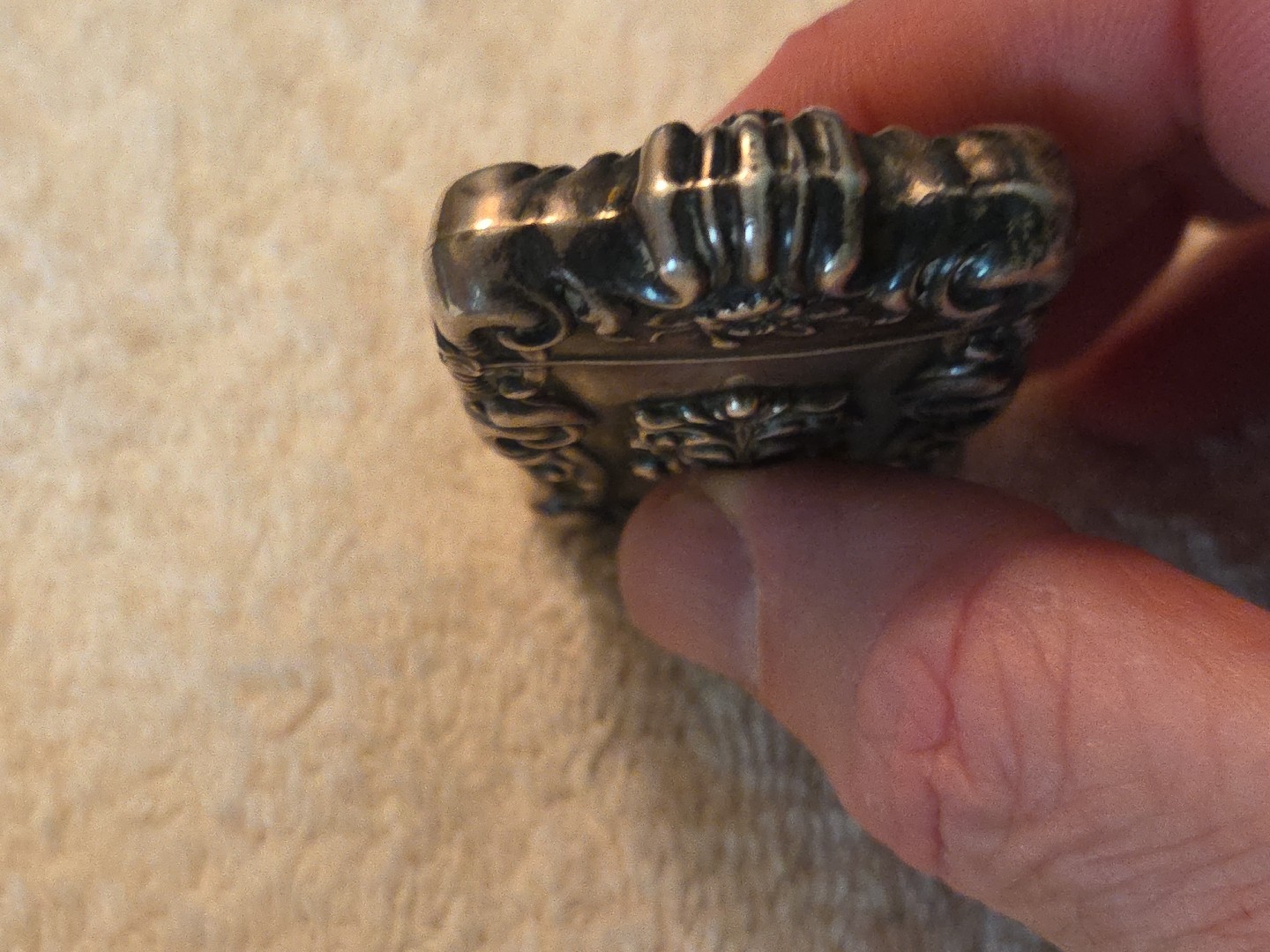 Art Nouveau sterling silver ornate MATCH SAFE VESTA CASE Lion/Gargoyle Head