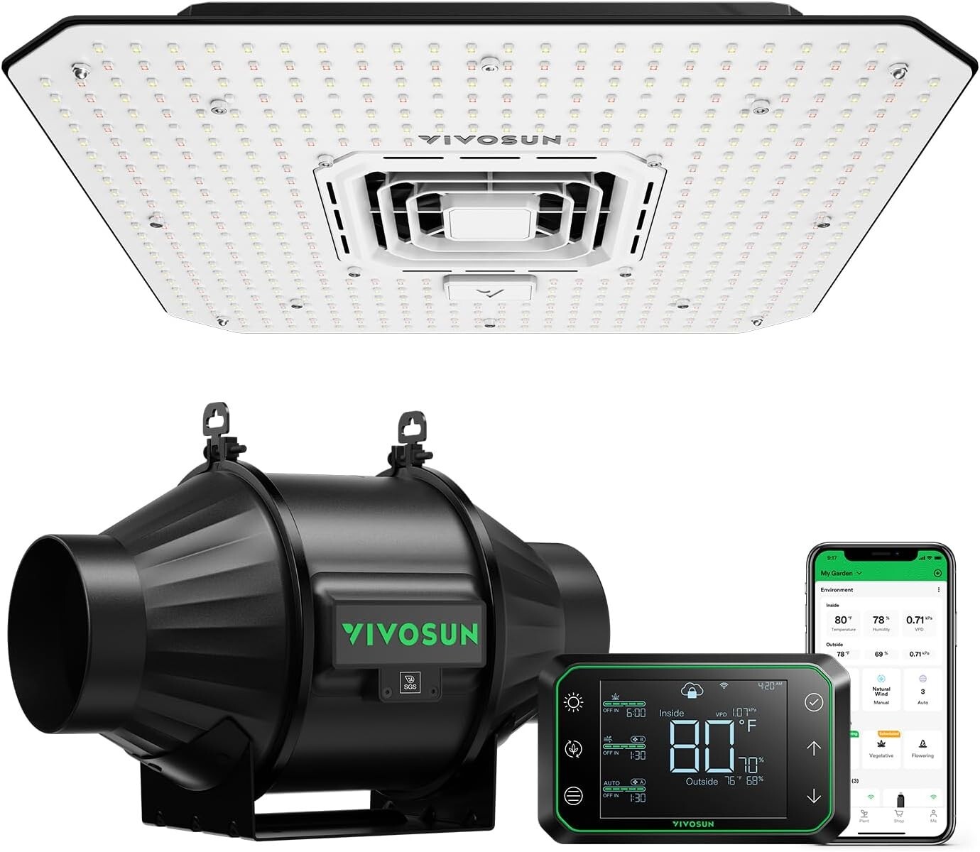 VIVOSUN AeroLight A100SE 100W LED,T4 210CFM Inline Duct Fan,E42A WiFi-Controller