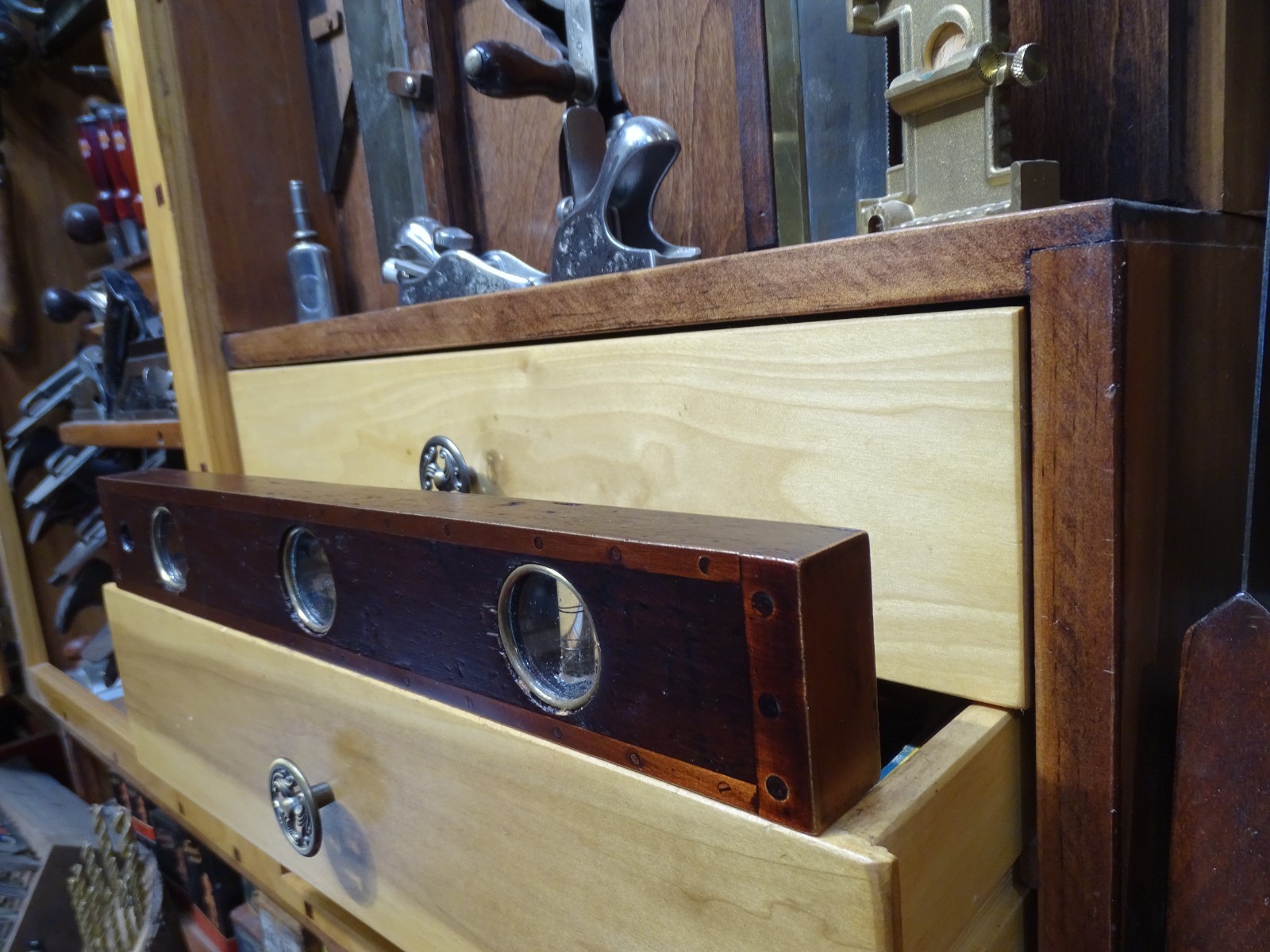 Antique User Made Brass Bound Double Plumb and Level Glass Vial Windows- WOW!!