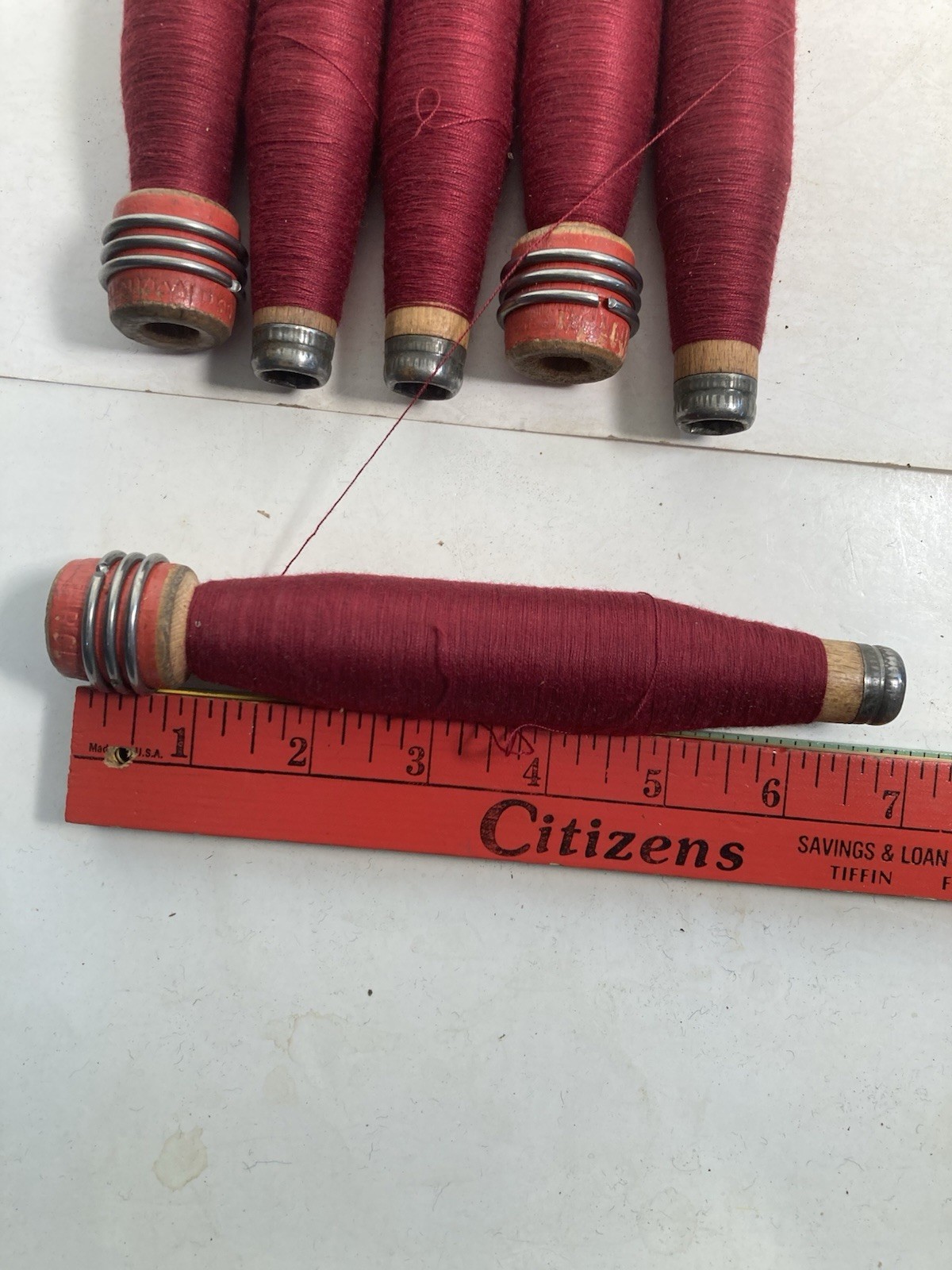 Wrapped Wood Quills, RED, Bobbins, Spools, Threaded, Textile, lot of 6