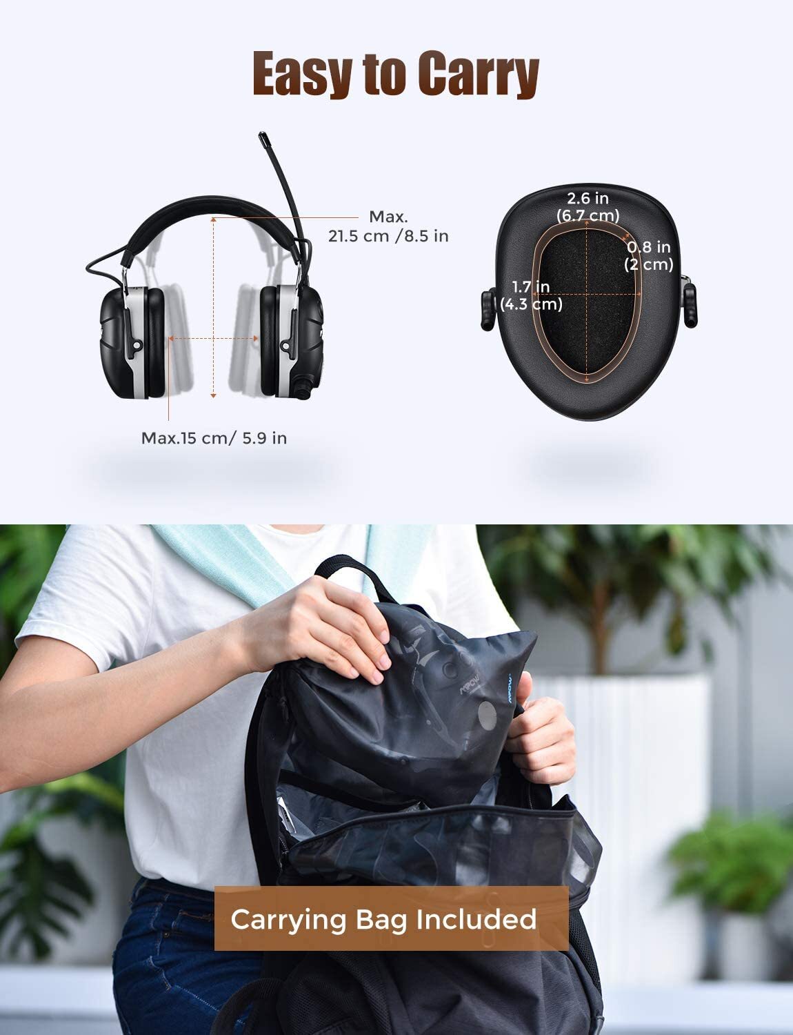 Mpow AM/FM Radio Ear Protection Bluetooth Headphone NRR 29dB For Mowing Shooting
