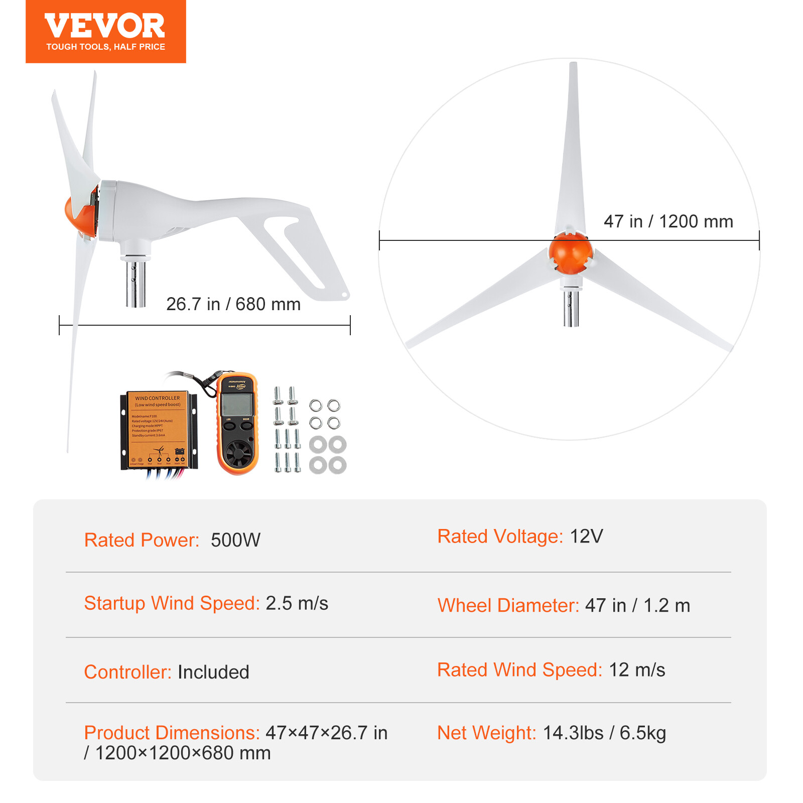VEVOR 500W Wind Turbine Generator 12V 3-Blade Wind Turbine Kit with Anemometer