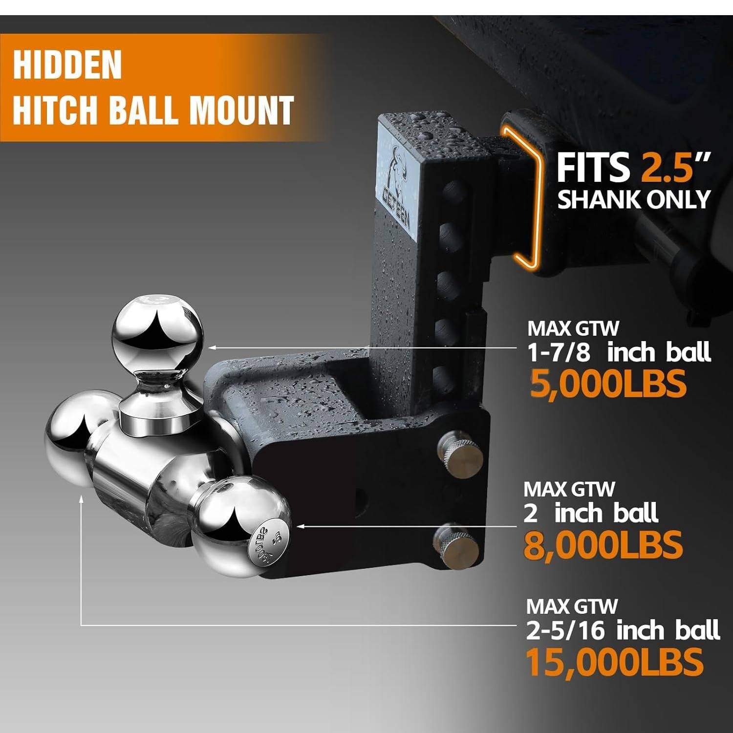 Tow & Stow Adjustable Trailer Hitch Ball Mount 2.5" Receiver 7" Drop Tri-Ball