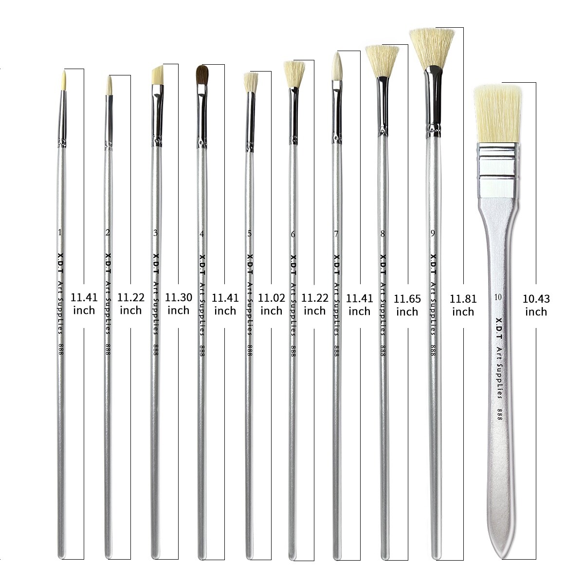 XDT#888-3 Assorted Art Brush Set 10Pc X-Long Handle Acrylic Oil Watercolor