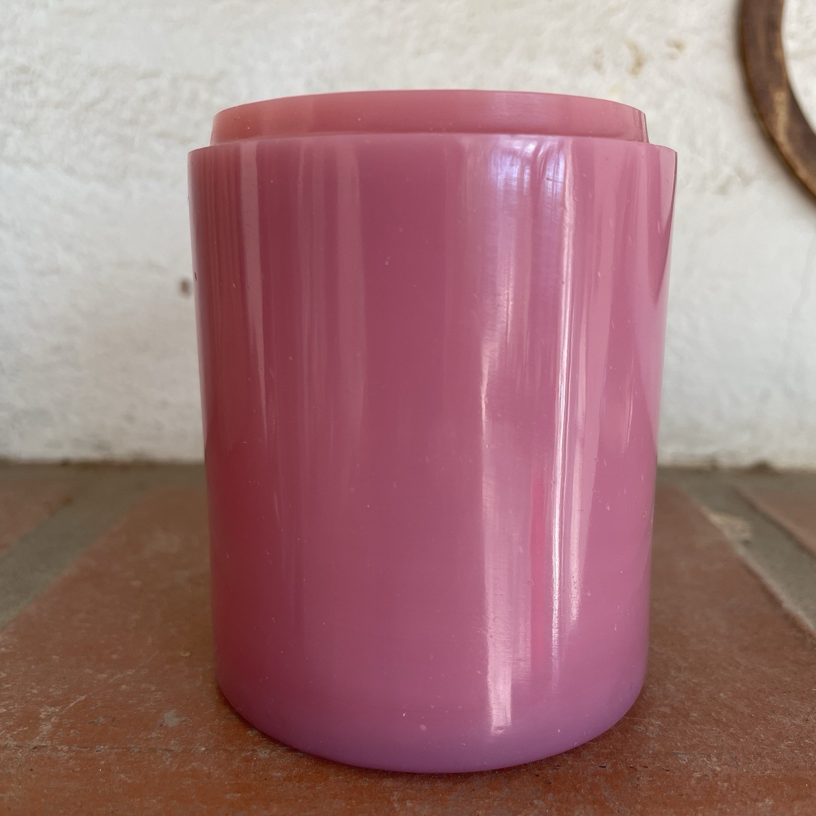 Vintage Chinese Opaque Pink Peking Glass Cup Jar Antique Etched Mark CHINA