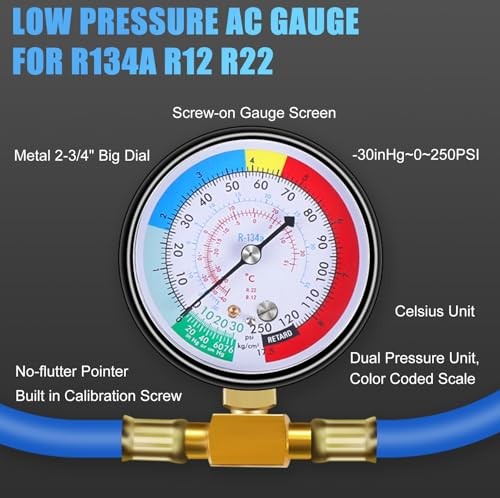 AC Charge Hose with Gauge for R134A, Car HVAC Refrigerant Recharge Kit, Home