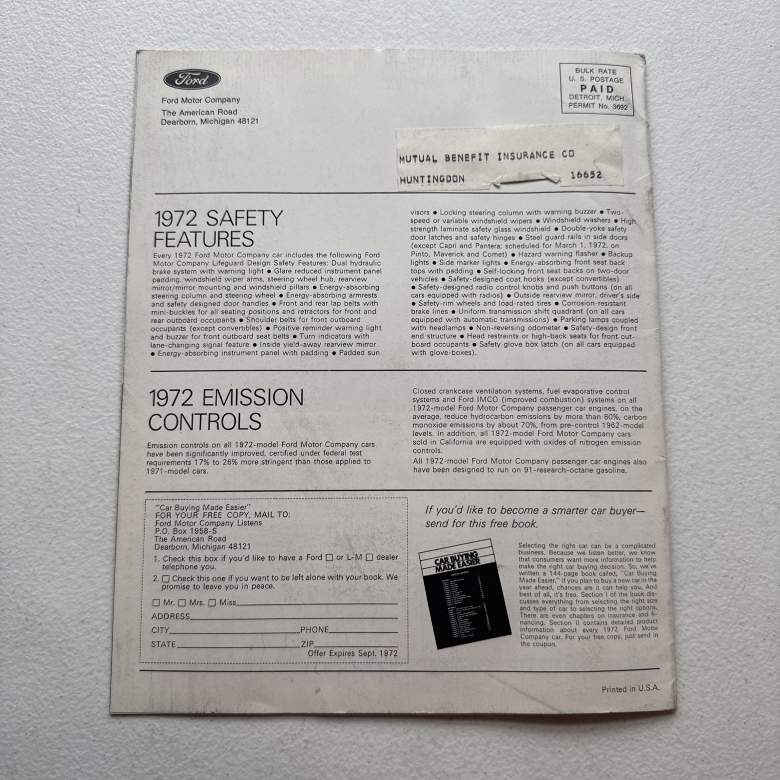 Vintage 1972 Ford Car Dealer Sales Brochure Ford Mercury, Maverick, Mustang