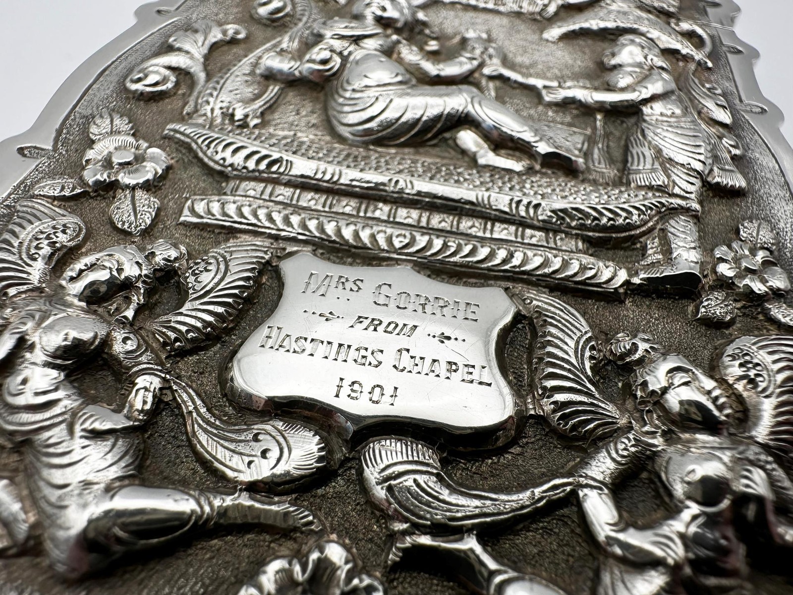 ANTIQUE INDIAN REPOUSE CARD CASE SILVER c1900 HASTINGS CHAPEL KOLKATA