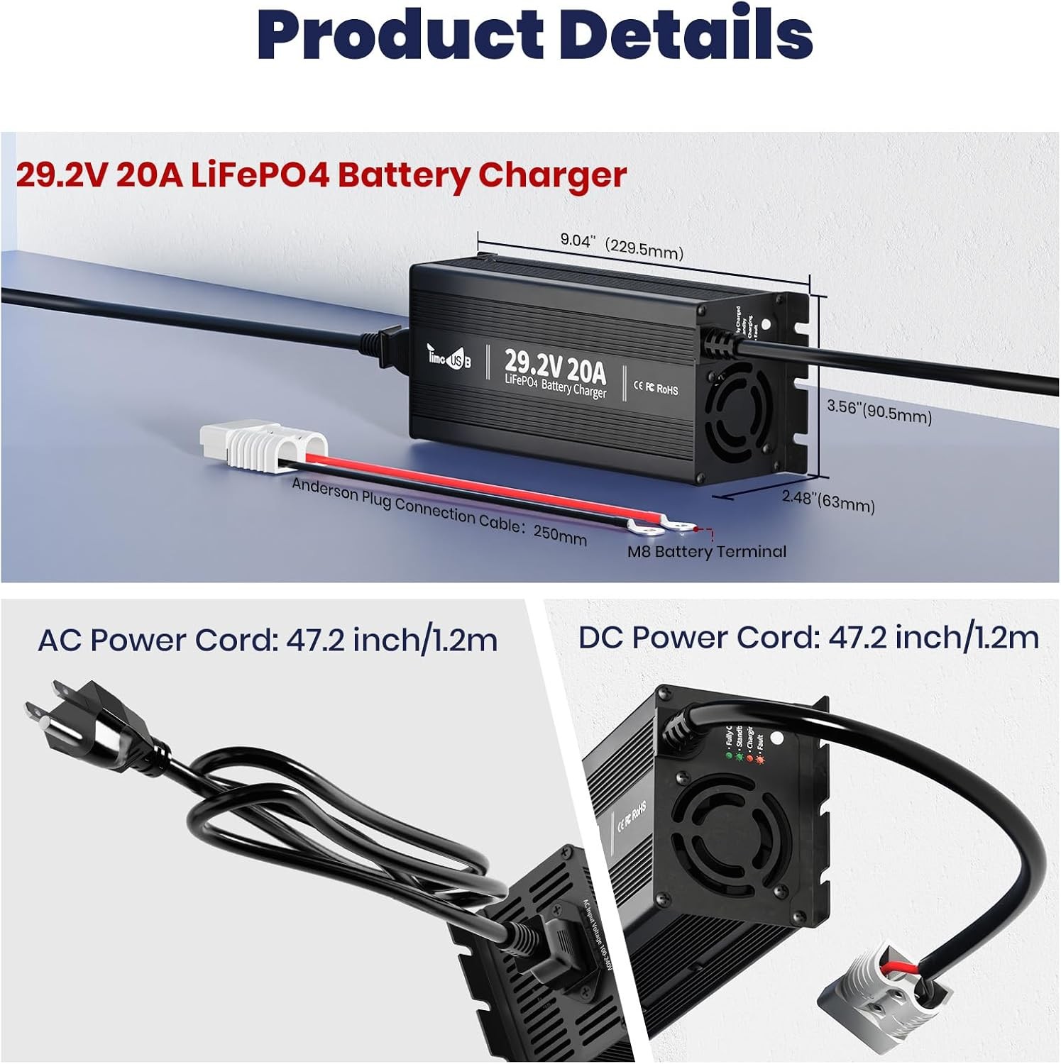 Timeusb 29.2V 20A LiFePO4 Battery Charger 24V MINI Mountable with LED Indicators