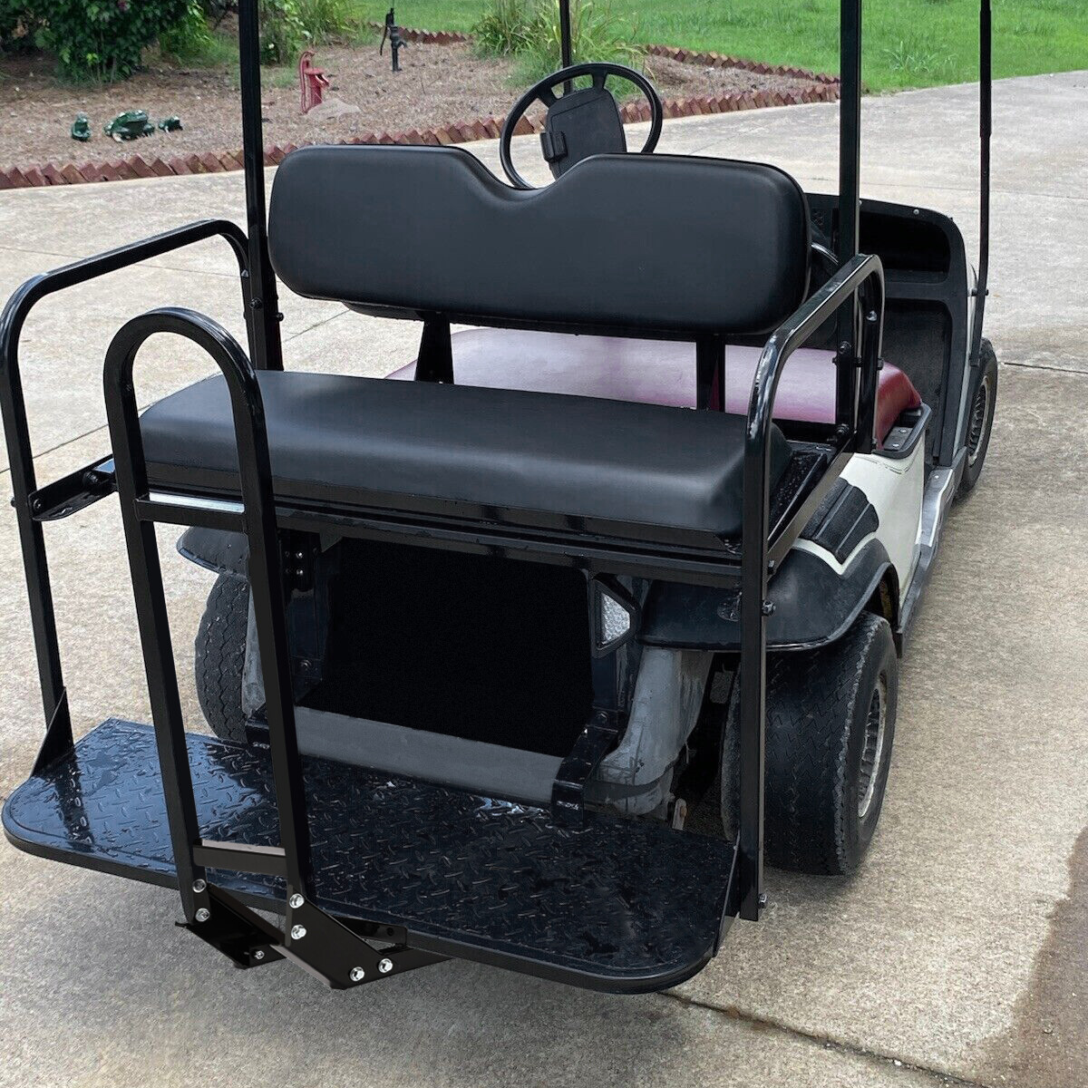 Golf Cart Black Rear Flip Folding Seat Kit + Grab Bar For EZGO TXT 1995-Up