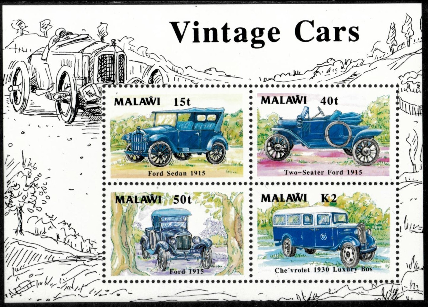 Malawi 1990 - Vintage Cars - Souvenir Stamp Sheet - Scott #565A - MNH