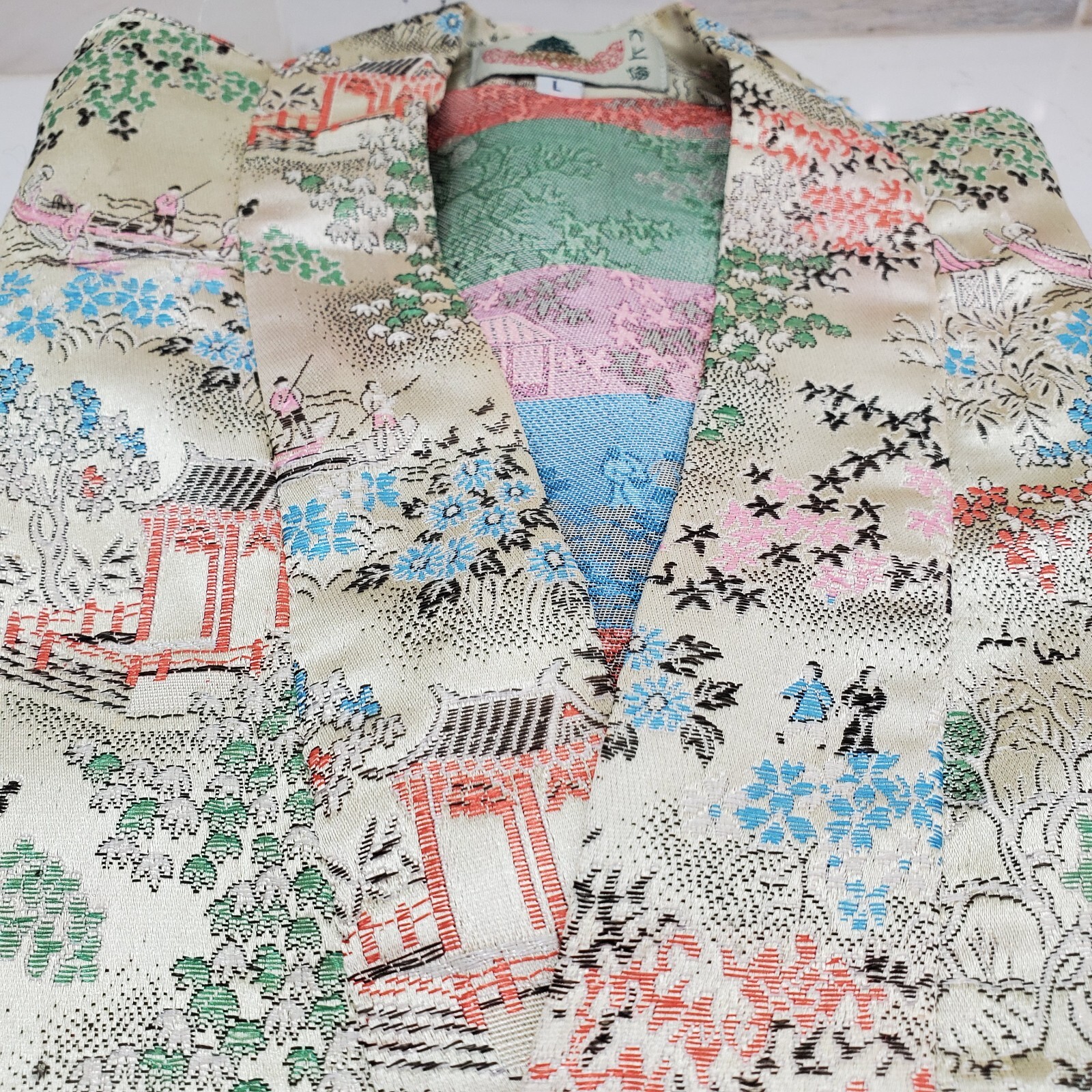 Greater Shanghai Hi-Low Kimono House Dress Vintage V-Neck Gold Brocade Size L