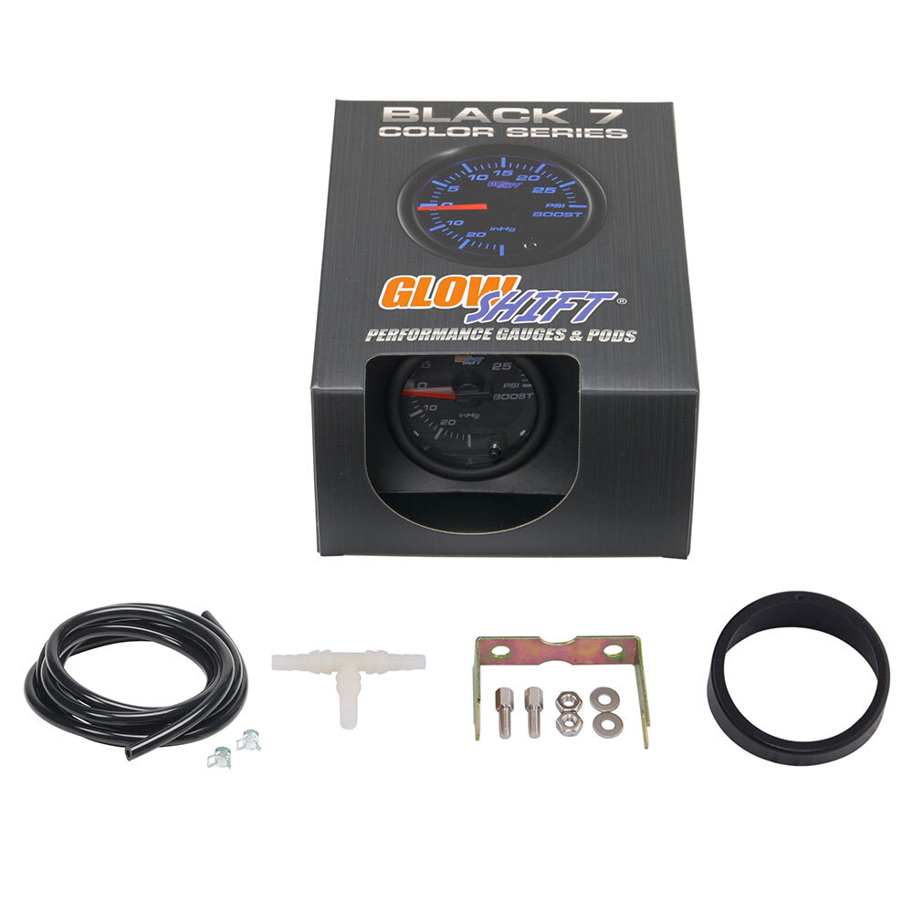 52mm Black Face Turbo Boost / Vacuum Pressure PSI Gauge w 7 Colors & Hose Kit