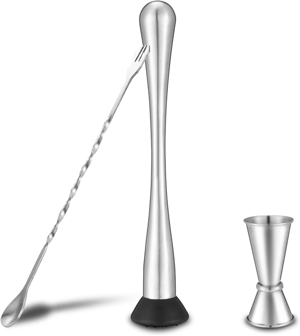Stainless Steel Muddler for Cocktails,Mixing Spoon and Measuring Silver