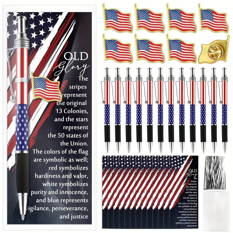 USA 250 Anniversary American Flag Ballpoint Pen+Flag Lapel Pin+Bookmark-Lot of 4