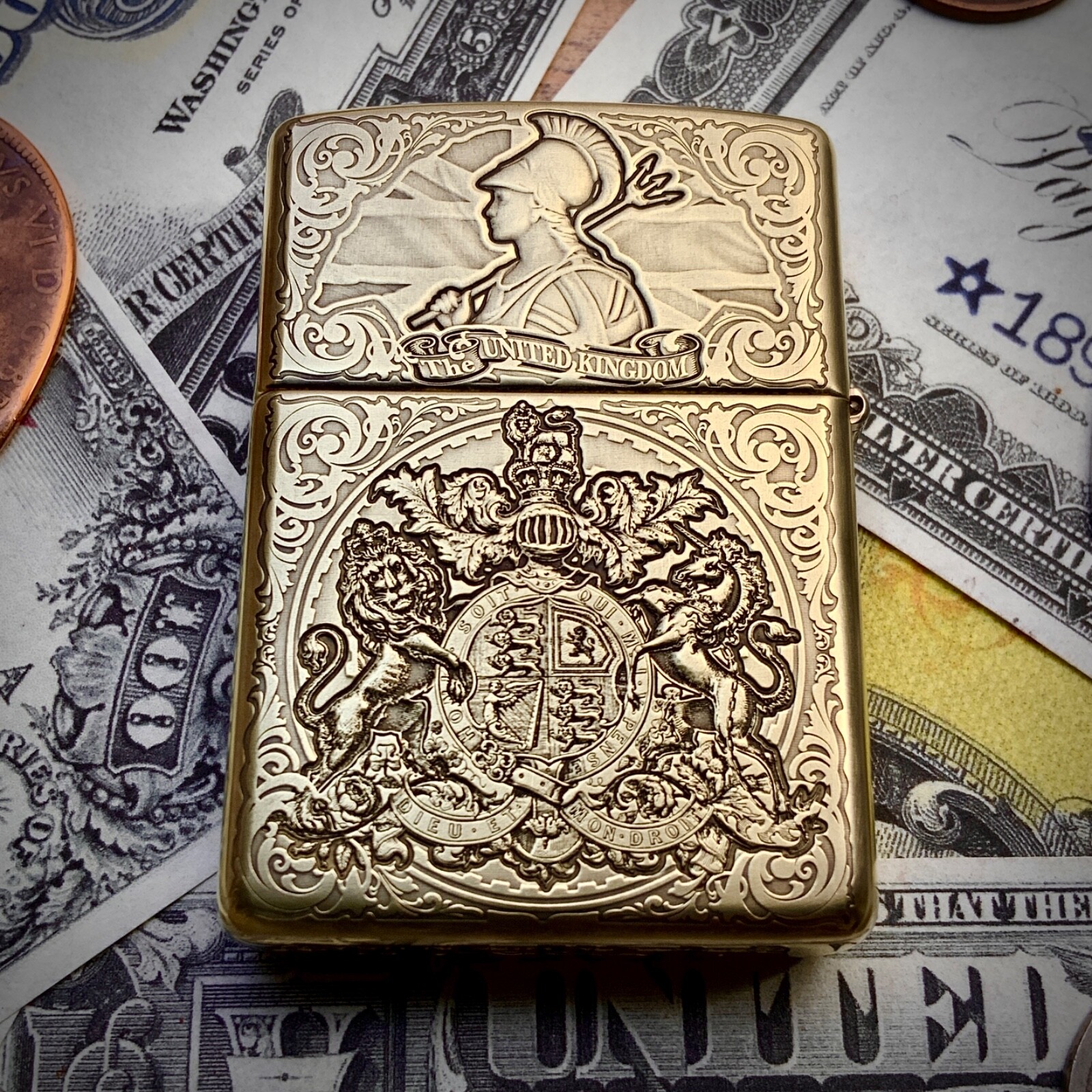 Zippo “Britannia” Bullion Coin Themed Engraved Brass Armor Cigarette Lighter