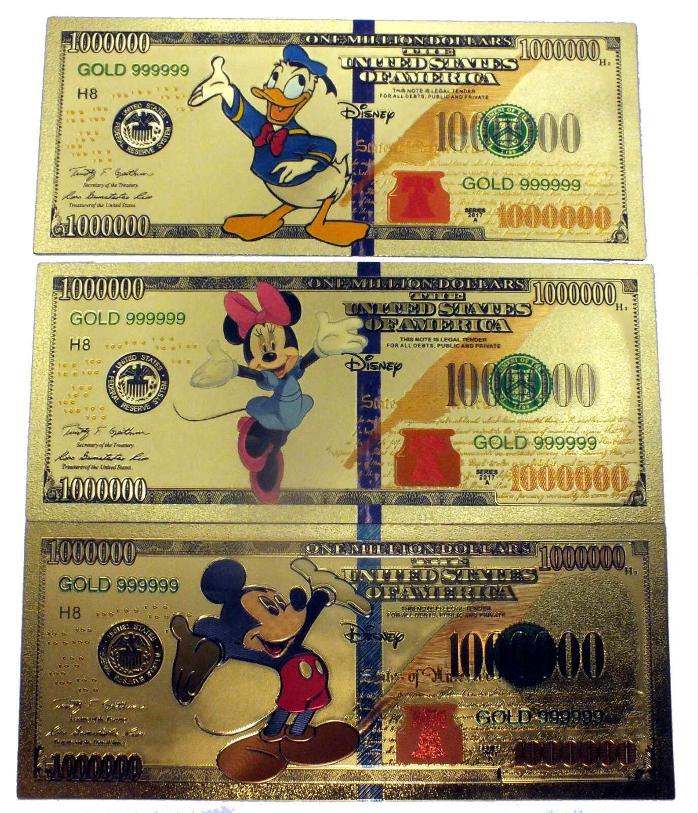 Mickey Mouse Minnie Daisy Donald Goofy Pluto Disney 24K Gold Foil Note Set GFS13
