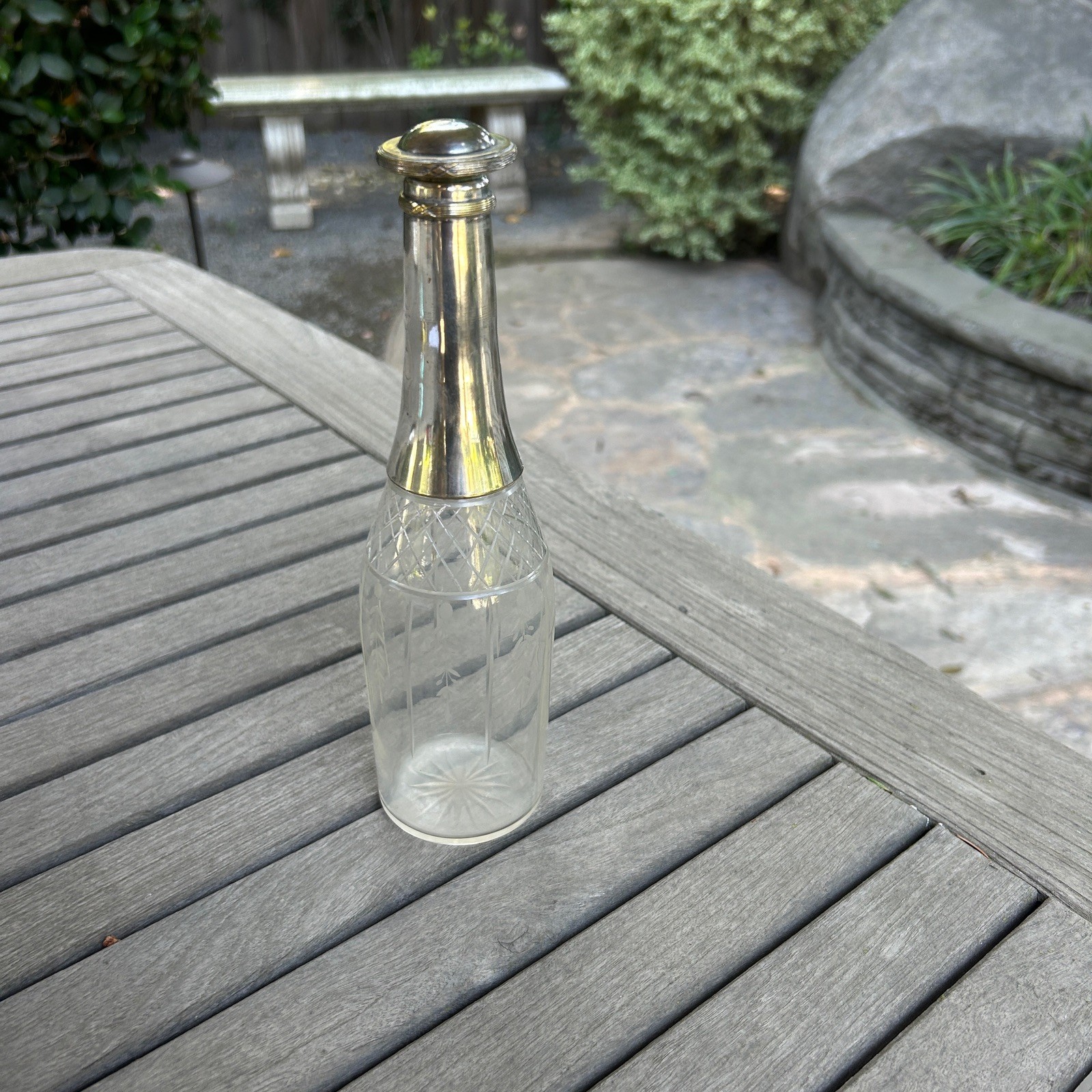 French Vintage Silver and Etched Glass Crystal Cruet Decanter Perfume Bottle