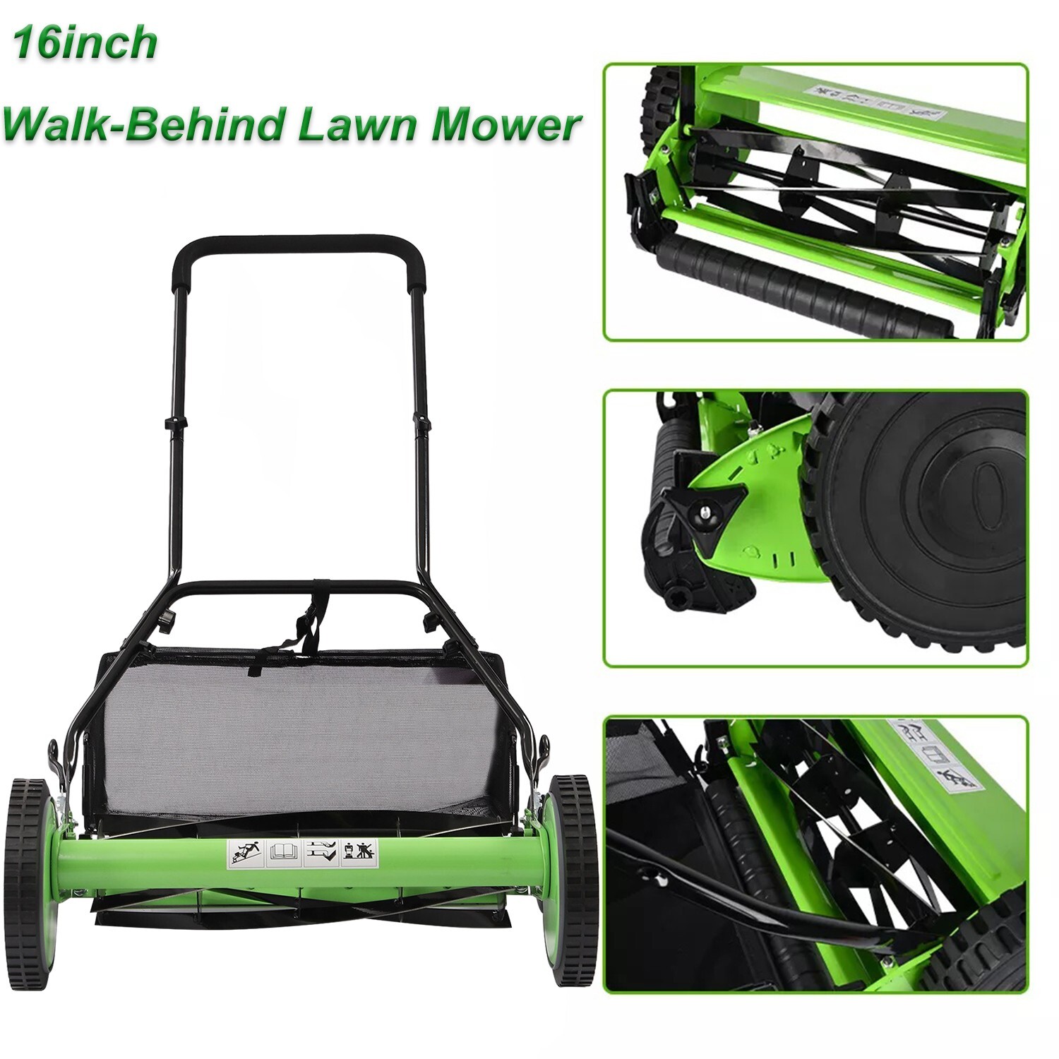 16-Inch 5-Blade Manual Reel Lawn Mower w/Adjustable Cutting and Handle Height