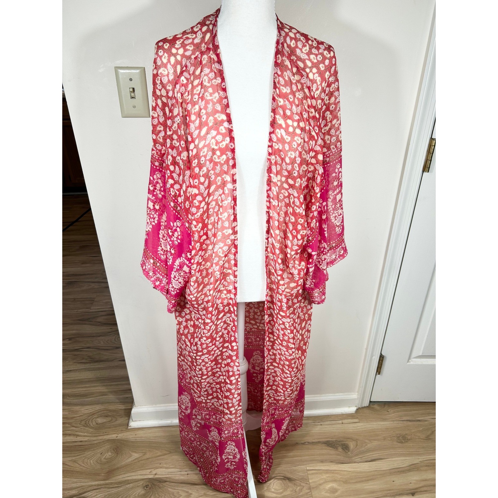 Pink Floral Long Duster Kimono Open Front Beach Cover Up OS BOHO Semi Sheer