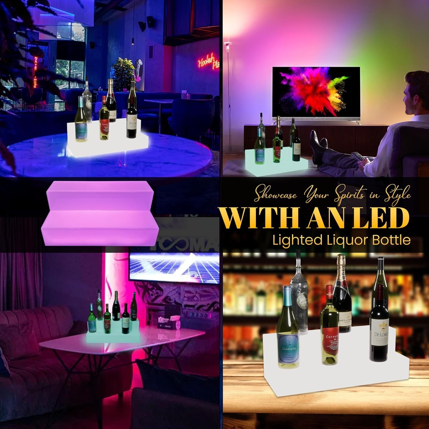 2 Step LED Lighted Shelves Liquor Bar Bottle Display Shelf with Remote Control