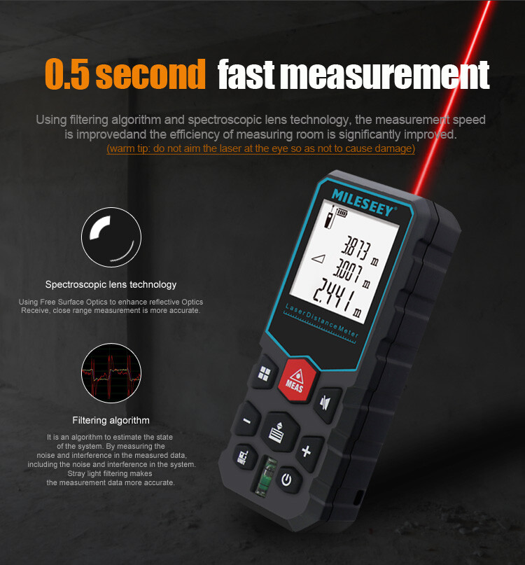 Mileseey 328 Ft Laser Distance Measure with Bubble Level M/in/Ft 2 AAA Batteries