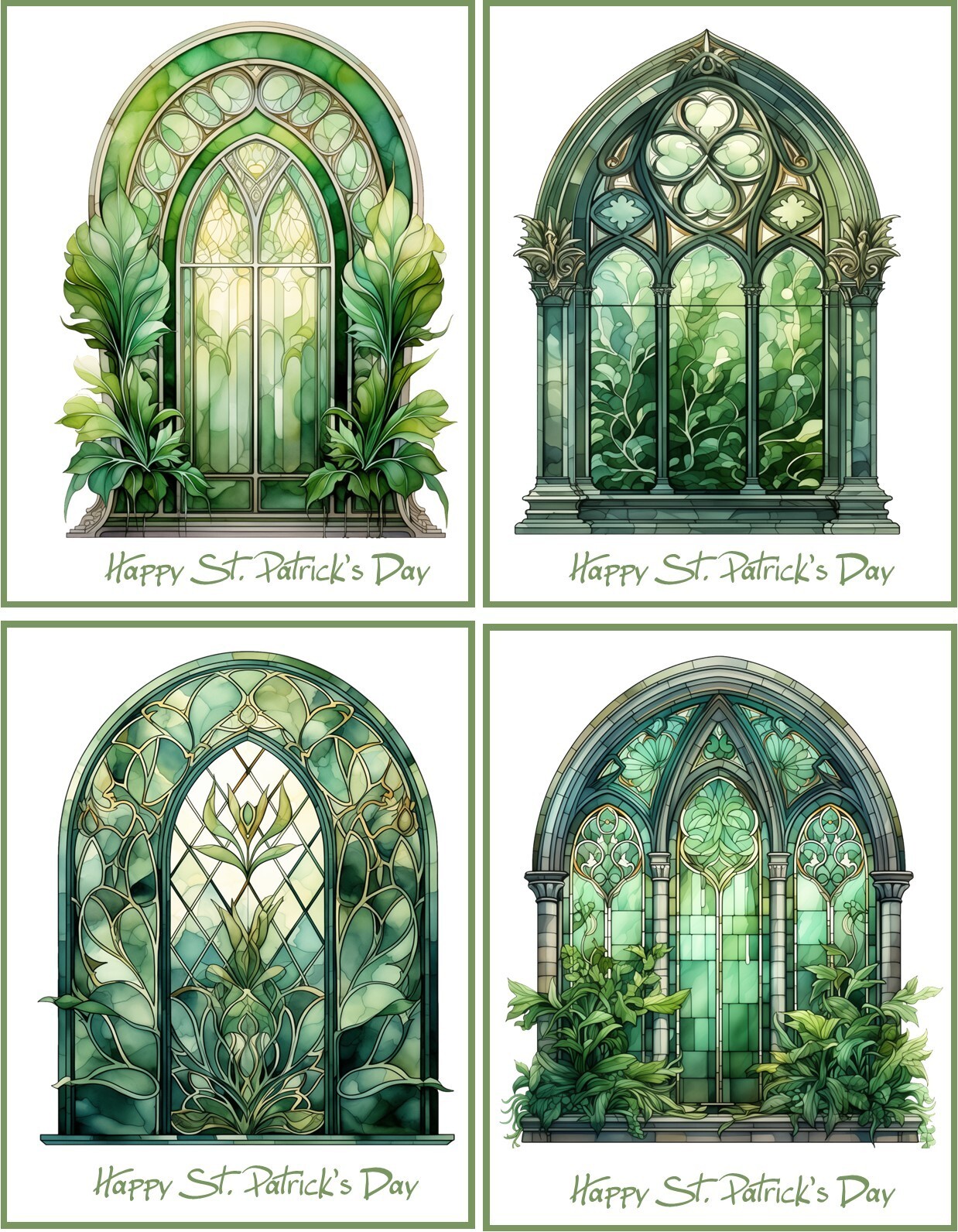 St. Patrick's Day Blank Card 8 Windows Glossy Watercolor envelopes