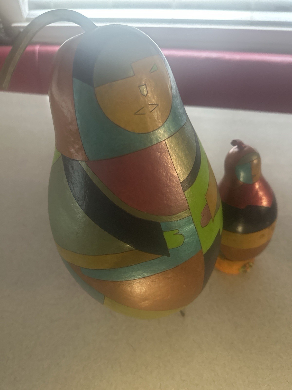 Modernist Painted Gourd Art Pair – Abstract Faces – Signed Folk Sculpture Set