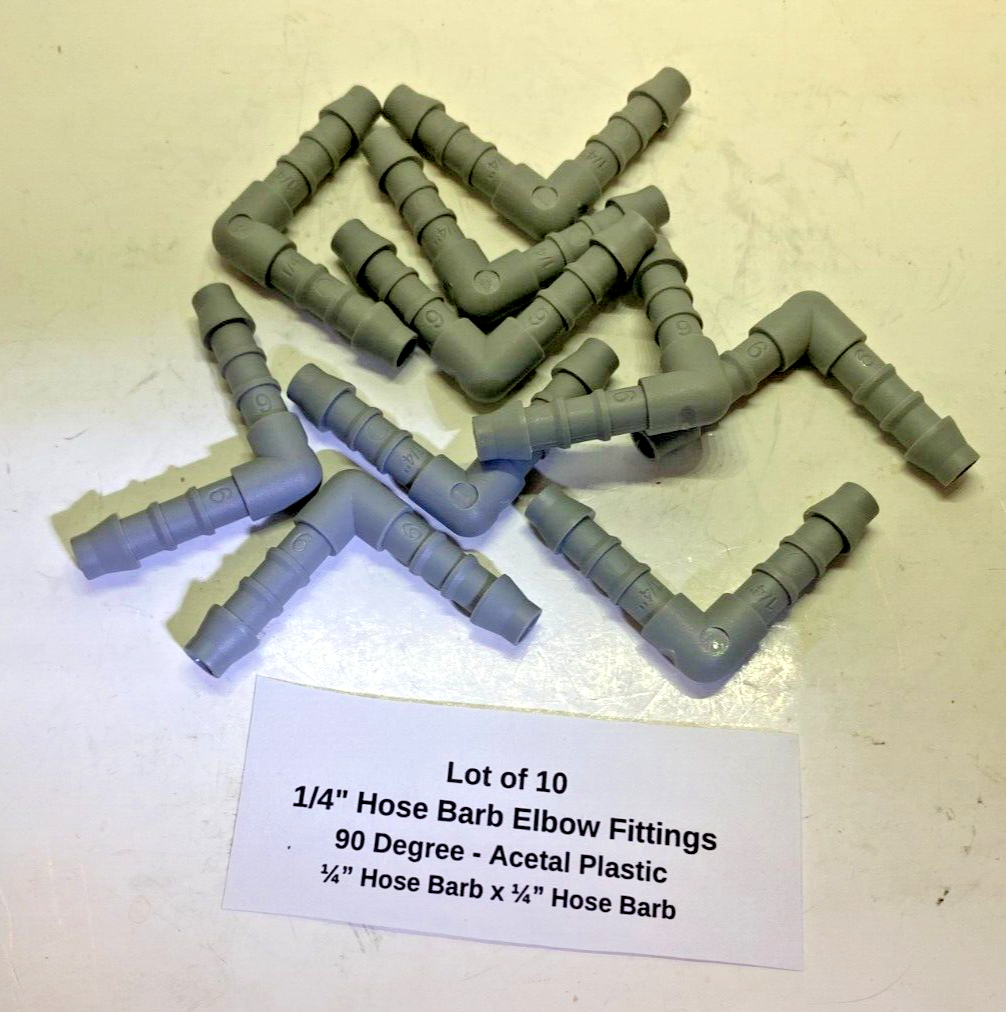 Lot of 10 1/4" Hose Barb Elbow Fittings - 90 Degree - Acetal Plastic - 1/4" Barb