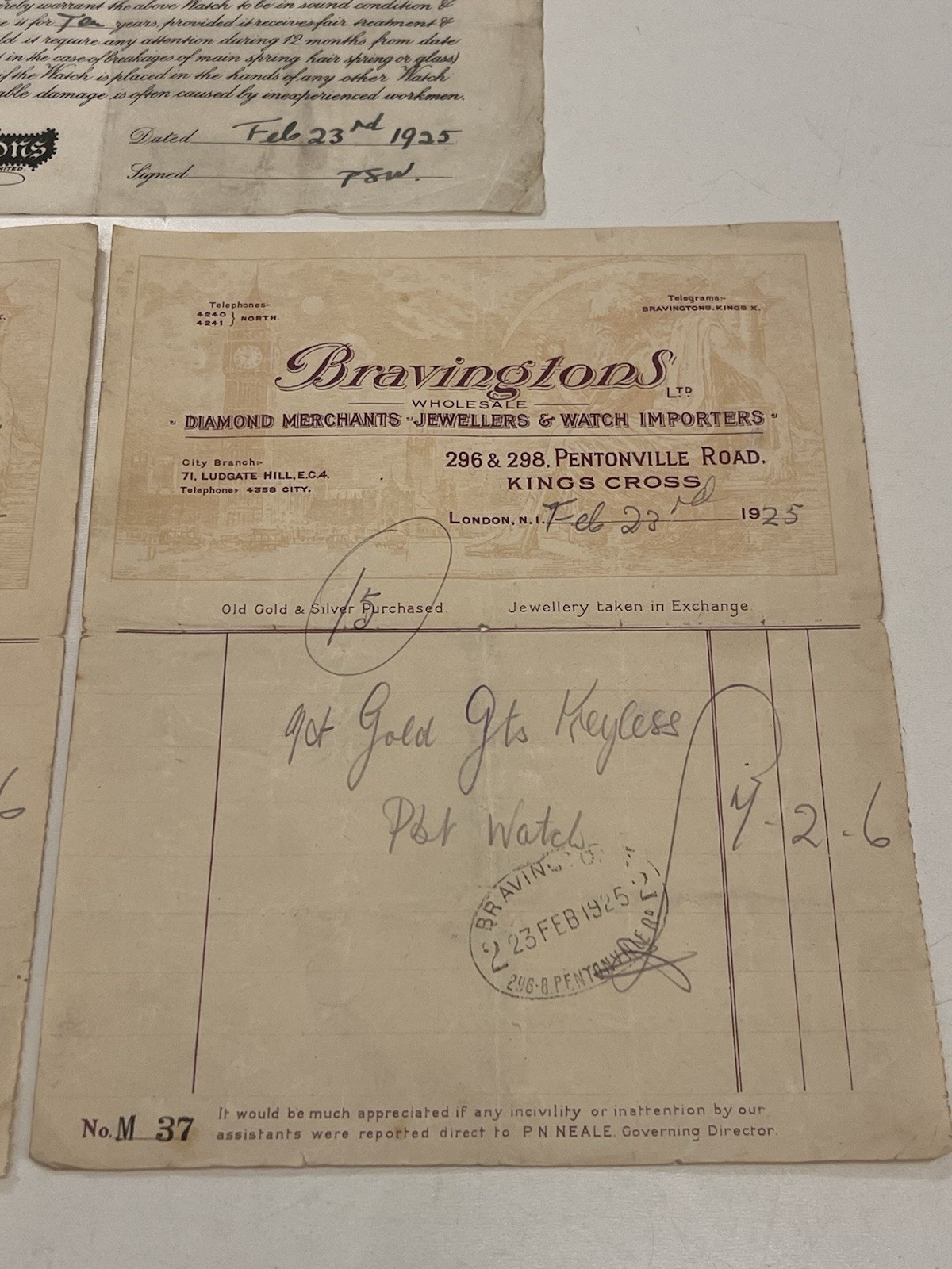 1925 Bravingtons Gold Watch & Chain Receipts + Guarantee Set V Rare